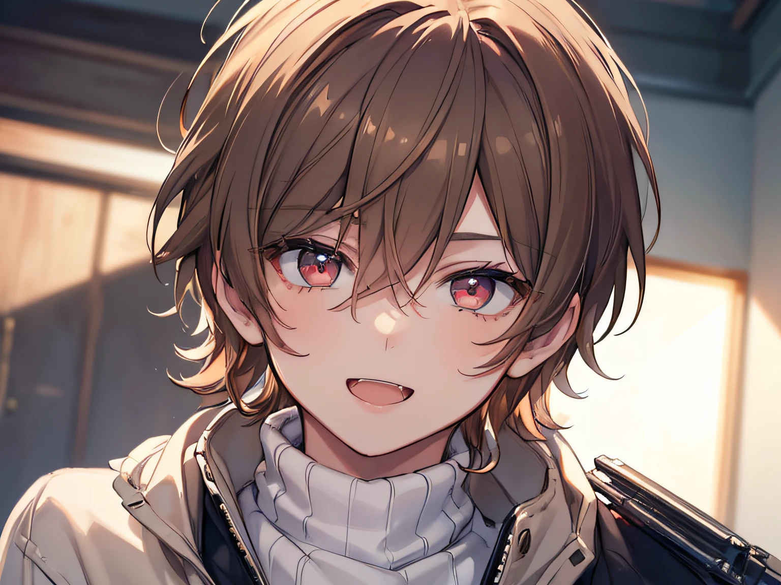 ((((solo boy)))),(((masterpiece))),(((best quality))),((ultra detailed)), ((mid-teen guy)),cinematic angle,light brown hair,red eyes, (beautiful detailed eyes),hairs between eyes,gentle smile,knit sweater, open mouth with skin fang,neutral,cinematic lighting,,perfect face, good looking,slightly cute,