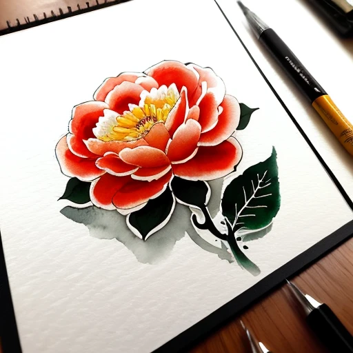 Fine depiction，planar，Chinese style，Ink painting and watercolor，（Red camellia），Elegant lines，meticuloso，Hand drawn and awesome