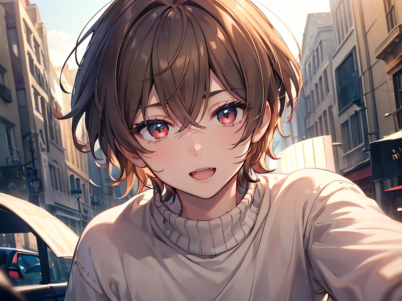 ((((solo boy)))),(((masterpiece))),(((best quality))),((ultra detailed)), ((-teey)),cinematic angle,light brown hair,red eyes, (beautiful detailed eyes),hairs between eyes,gentle smile,knit sweater, open mouth with skin fang,neutral,cinematic lighting,,perfect face, good looking,slightly cute,