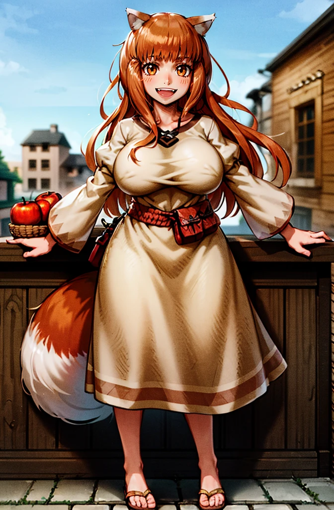 (holo:1.5), (holoBrownDress:1.5), masterpiece, best quality, absurdres, 1girl, looking at viewer, standing, cowboy shot, outdoors, medieval, cobblestone street, town, pouch, sash, smile, fruit, apple, basket,huge breast, curvy, silver hair, white hair, full body, flipflops,, smiling open mouth