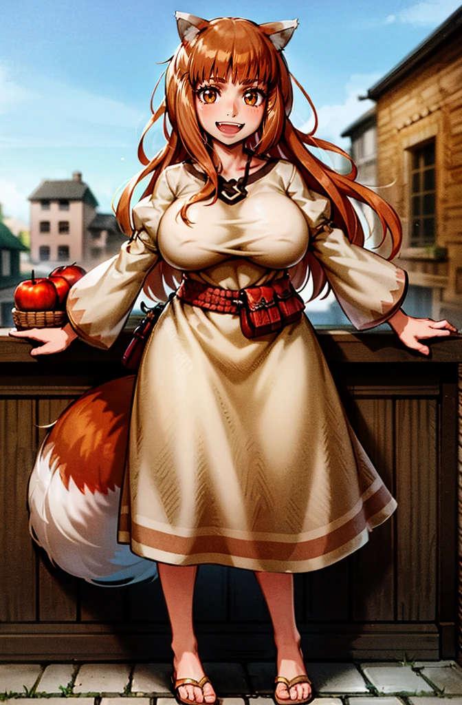 (holo:1.5), (holoBrownDress:1.5), masterpiece, best quality, absurdres, 1girl, looking at viewer, standing, cowboy shot, outdoors, medieval, cobblestone street, town, pouch, sash, smile, fruit, apple, basket,huge breast, curvy, silver hair, white hair, full body, flipflops,, smiling open mouth