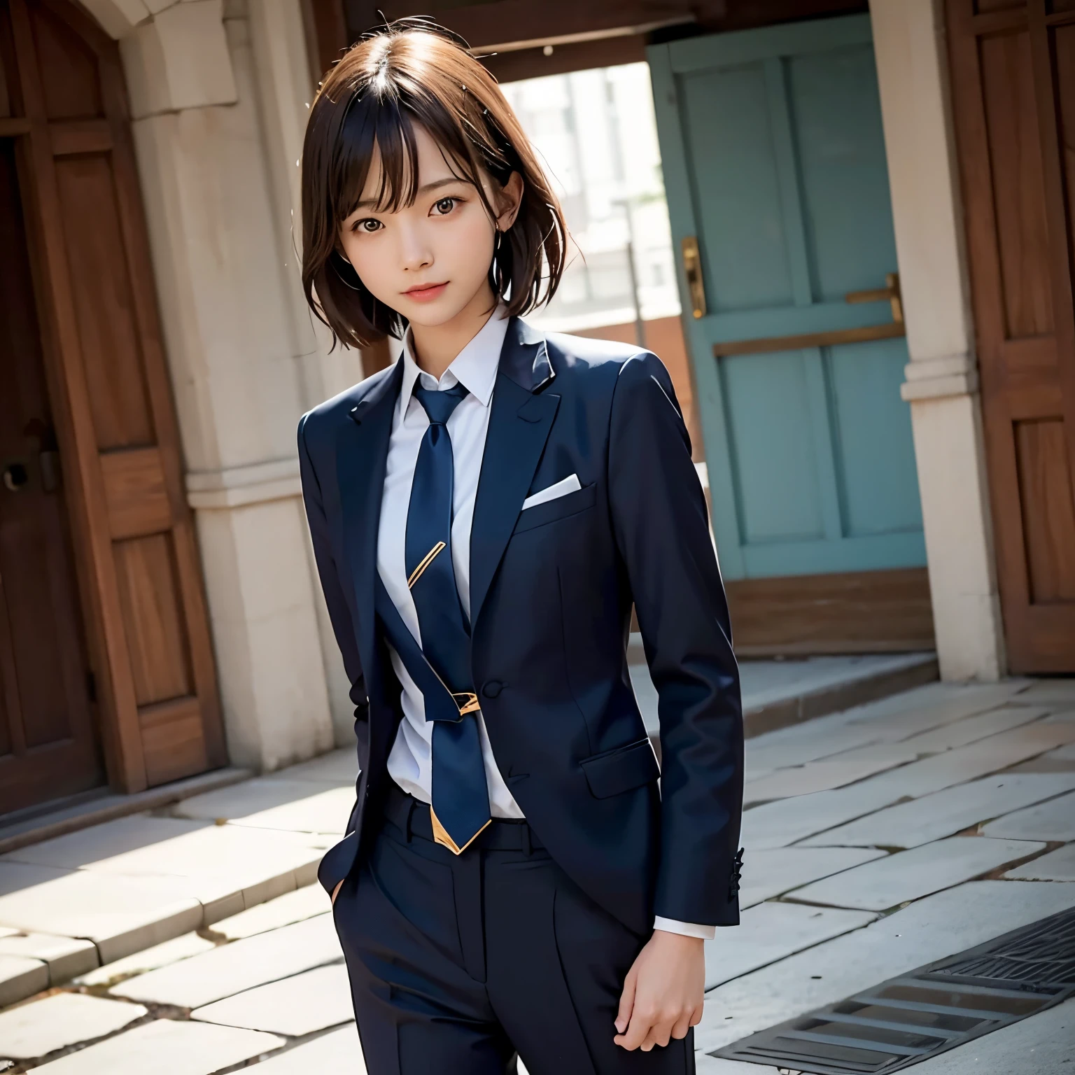 (masutepiece, Best Quality:1.2), 8K, Official art, Full body photo, full body Esbian、Fashionable background、luxurious backdrop、Emma fastening her tie.trouser、Cute smile、cute butt、Suits、A dark-haired、14years、small tits、A delightful、A smile、unbelievable Ridiculous, (Upper body, Dark blue suit:Cute Tie 1.4), Beautiful Girl, Pretty Face, arching back down, cute butt、Gold hair ornament on hair、Wearing a cute suit、close up, Wearing a suit, Short sleeve, gardenia, violaceaess, Teen,, Looking at Viewer, Film grain, chromatic abberation, Sharp Focus, face lights, Dynamic lighting, Cinematic lighting, Eyes and faces with detailed, Bokeh background, (Tie with Emma written on it、1 copy:1.2)