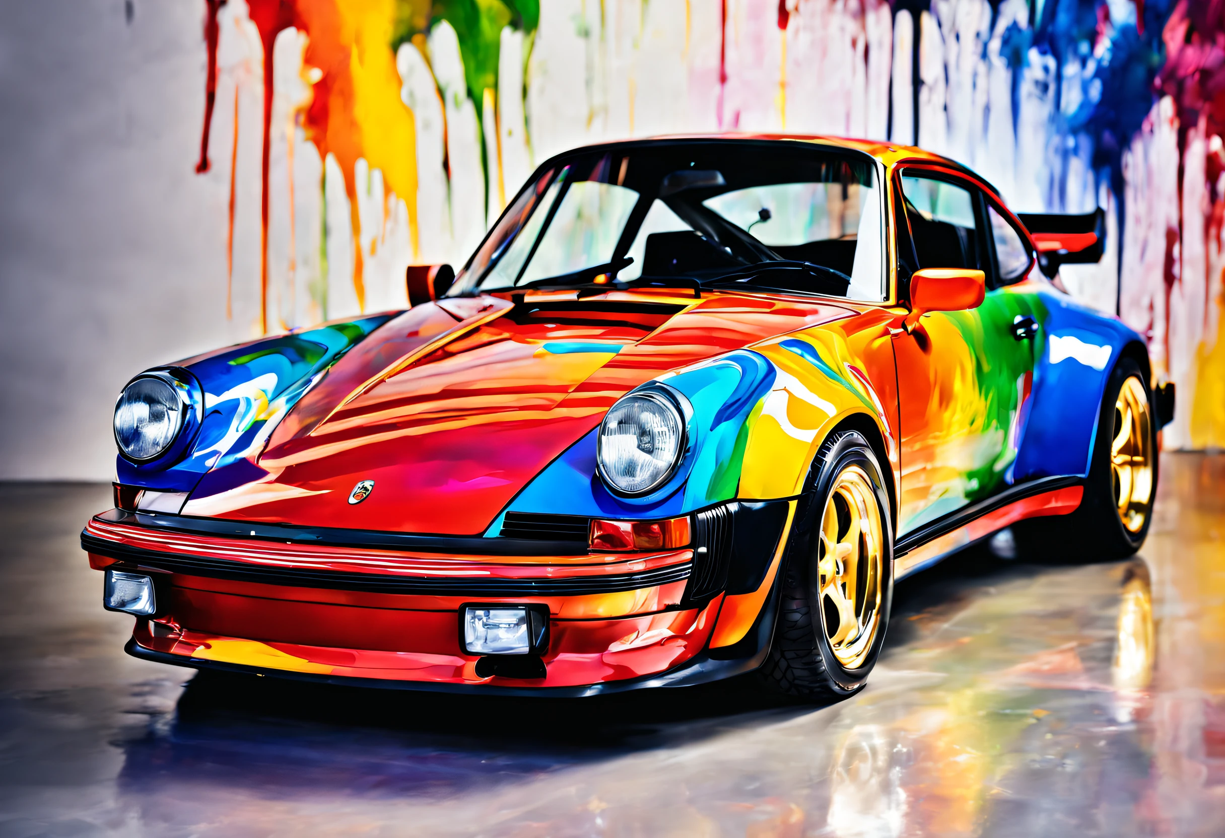 a Porsche 930 Turbo, vibrant explosion of multicolored paint, artistic decor studio, best quality, ultra-detailed, vivid colors, bokeh, professional, oil painting style, glossy finish, studio lighting, dramatic shadows, vibrant palette, high contrast, dynamic composition, gleaming metallic surfaces, sleek curves, powerful engine, speed and luxury, glossy reflections, intense energy, impressionistic brushstrokes, abstract expressionism, fast and furious, adrenaline rush, symphony of colors, a masterpiece in motion, exhilarating thrill