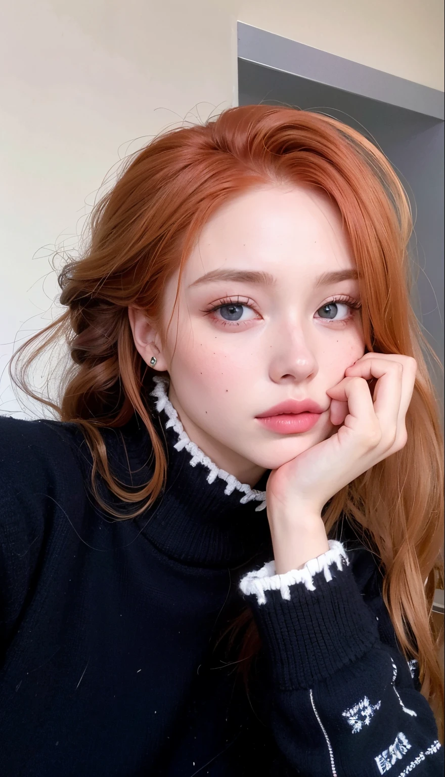 there is a woman with red hair and a black sweater, pia sadie, pale fair skin!!, olhos grandes e dois tonificados, with pale skin, Ellie Bamber, Ellie Bamber Fada, Sophie Turner, belos olhos enormes, pale skin and purple eyes, pale skin and dark eyes, taken in the early 2020s, Yelena Belova