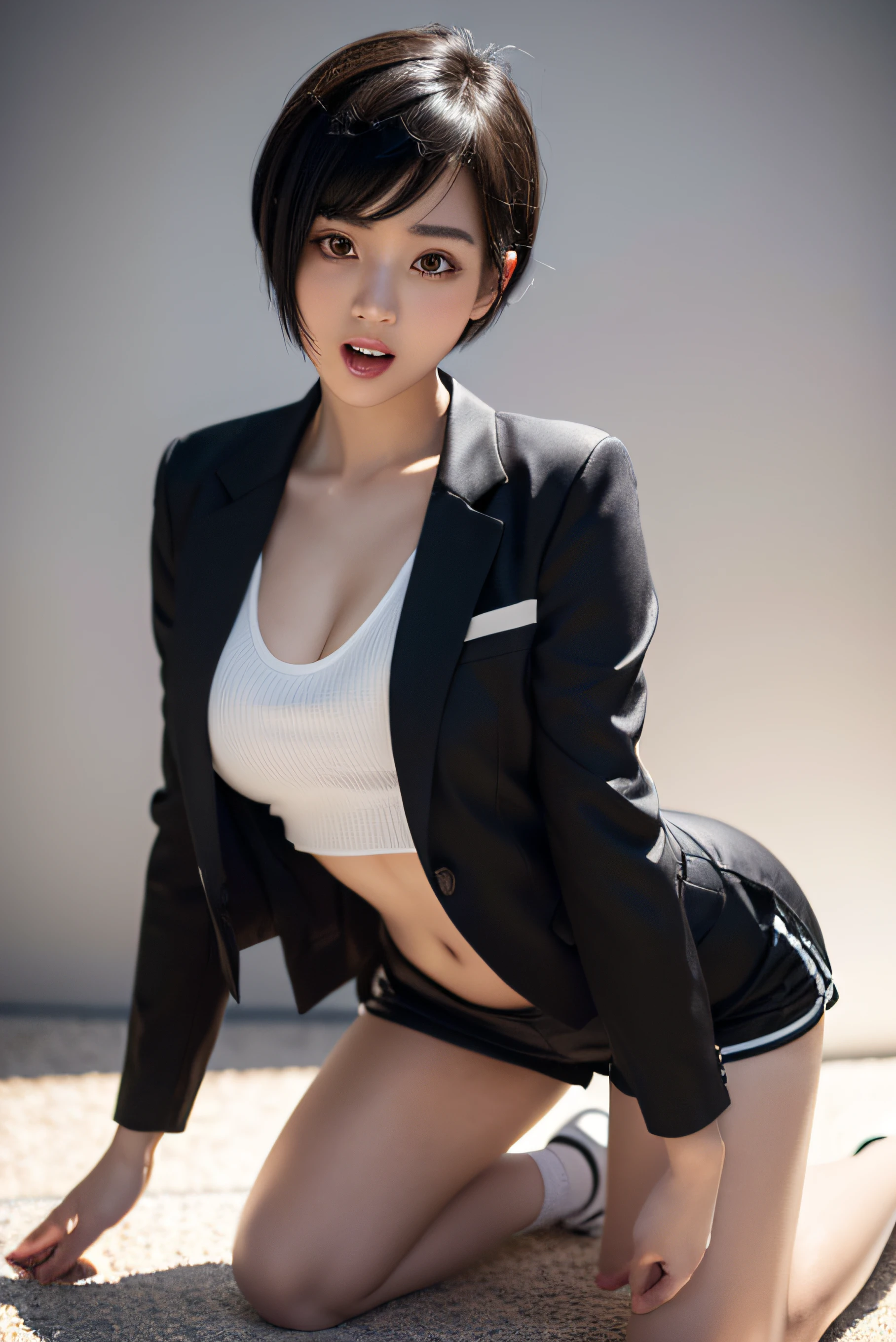 (black short hair , wearing sport jacket outfit, kneeling, large breasts, low-cut outfit, open mouth, big buttocks, longing expression, smooth skin, more flesh, cute anime style, background backlit high definition)