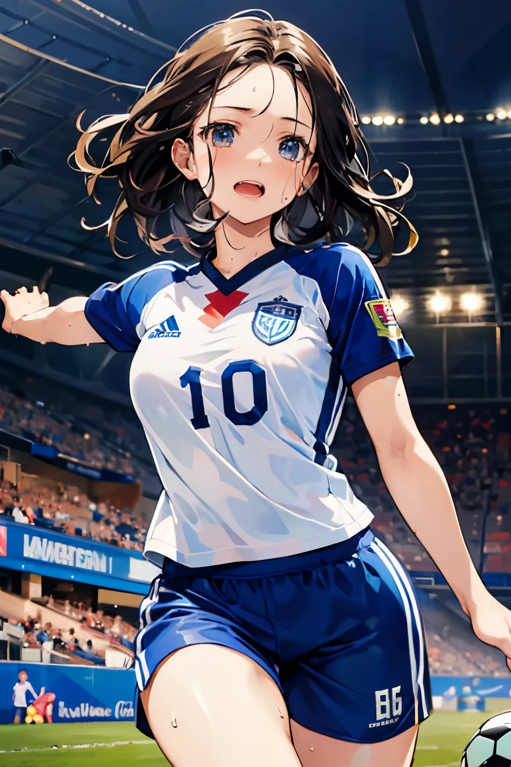(masterpiece), (best quality), high resolution, ultra detail, photo realistic, 8K, intricate face, soft breasts, narrow waist, athletic body, detailed body, detailed face, beautiful, black wavy hair, forehead, female soccer player, blue uniform, (spread both arms), dash, sweat, cheerful, great joy, roar of victory, open mouth, shout, soccer stadium