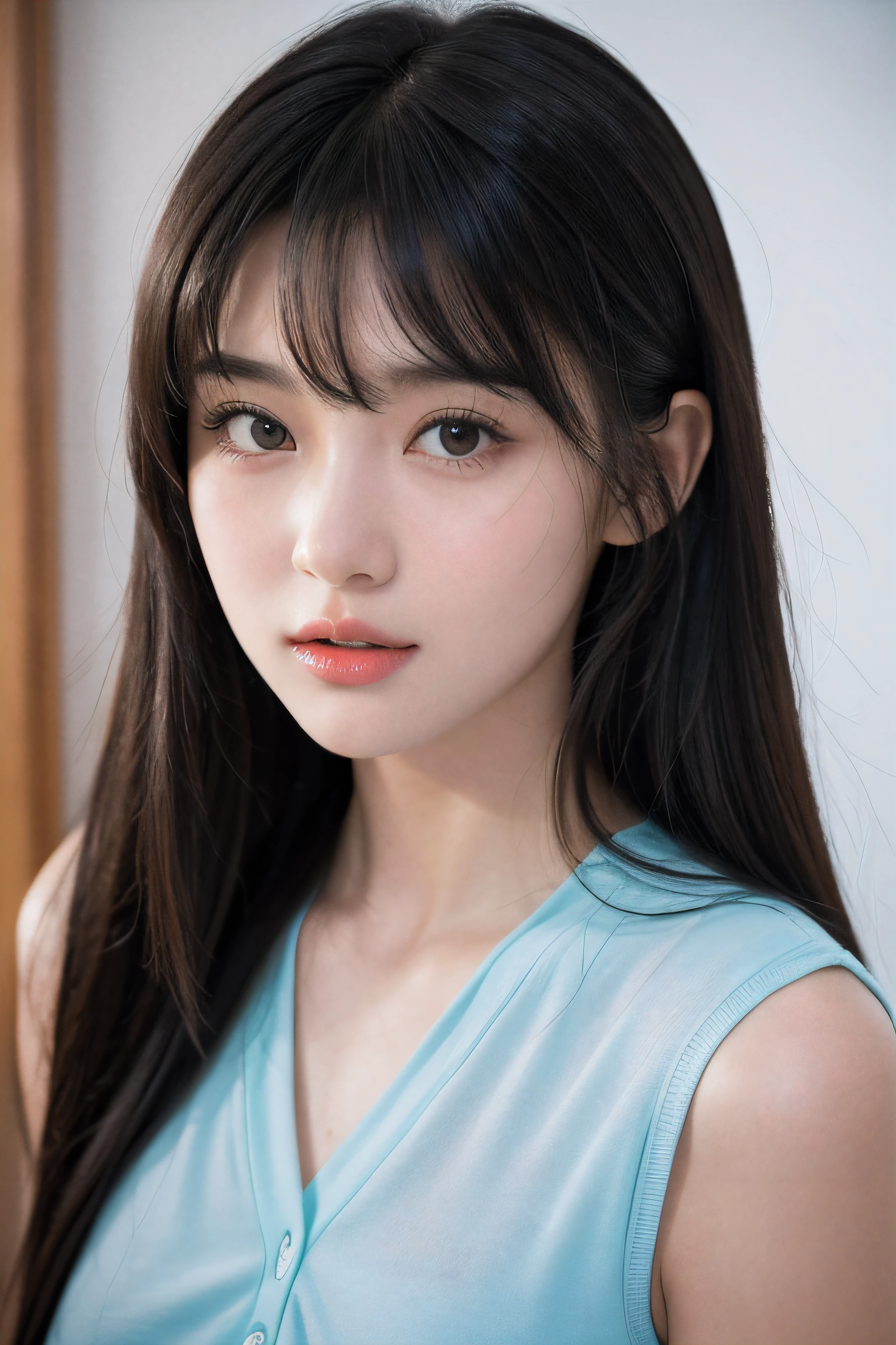 A girl with black hair and bangs, wearing a hair tie, and with an open mouth. The girl is the main subject of the image, and her hair is dark and shiny. The bangs frame her face, bringing attention to her expressive eyes. She is wearing a hair tie to keep her hair in place. The girl's mouth is open, revealing her beautiful lips. The image should capture the girl's youth and energy.

The image is taken with a Nikon camera, using an 85mm lens set at f/2.8. The choice of lens and aperture allows for a shallow depth of field, creating a focused subject while blurring the background. The image is vibrant, with colors reminiscent of Fujicolor film.

The girl is positioned in an interior architectural setting, adding depth and context to the image. The interior architecture is well-designed, with clean lines and interesting textures. The lighting highlights the girl's face, emphasizing her features and creating a warm and inviting atmosphere.

The image is taken from a bust chart perspective, capturing the girl from the chest up. This perspective allows for a close-up view of her face and hair, focusing on the details and expressions. The image should have a high resolution, emphasizing the girl's features and showcasing every strand of her hair.

Overall, the image should showcase the girl's black hair, bangs, hair tie, and open mouth in a visually appealing and artistic manner. The prompt should convey the desire for a high-quality, detailed image that captures the beauty and uniqueness of the subject.