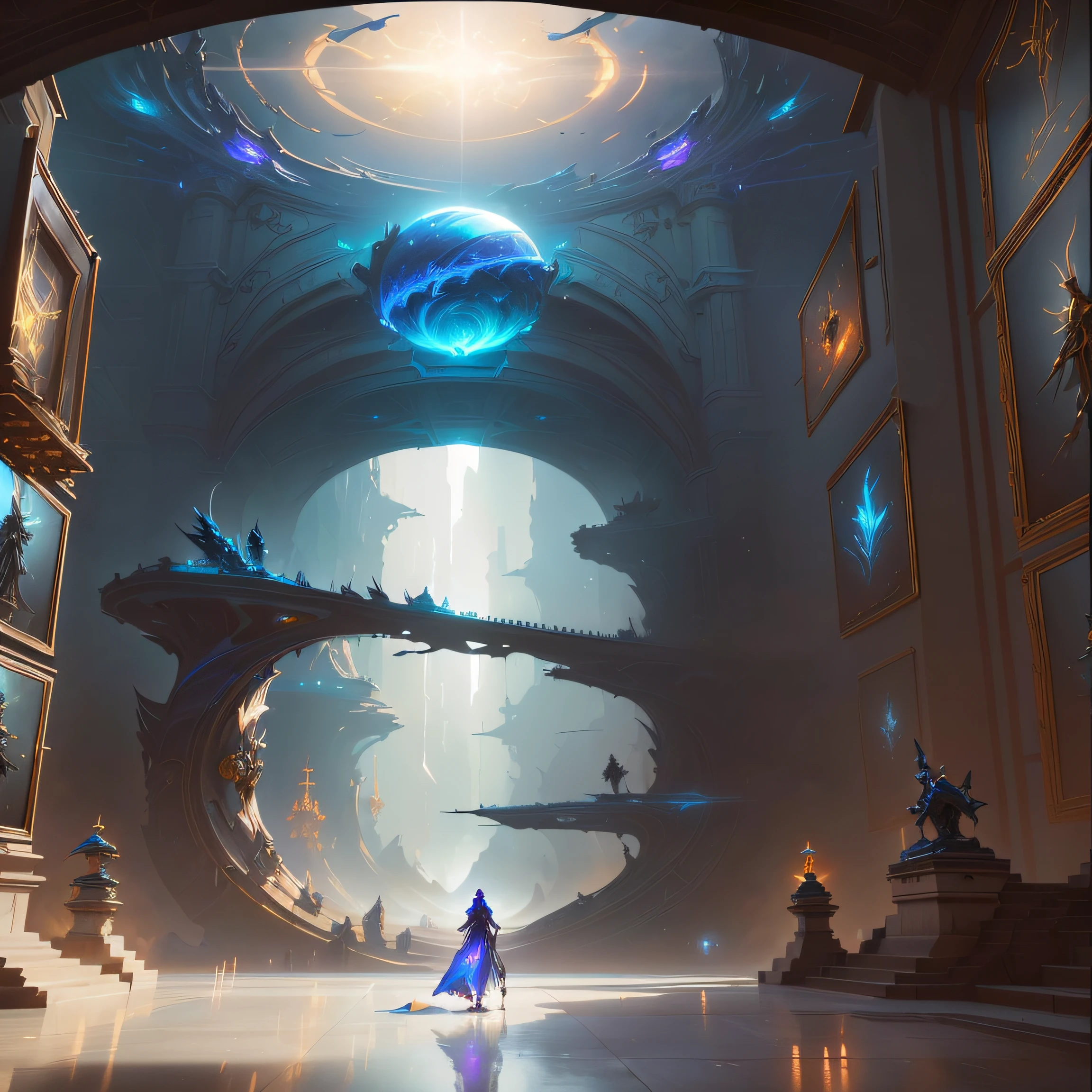 There is a woman standing in a room with a giant object, arte conceptual Ambiente impresionante, mystical sci-fi concept art, arte conceptual surrealista, jessica rossier fantasy art, epic fantasy sci fi illustration, Bordes ornamentados + arte conceptual, dramatic concept art, arte conceptual de Riot Games, epic scifi fantasy art, arte conceptual de League of Legends, science fantasy painting