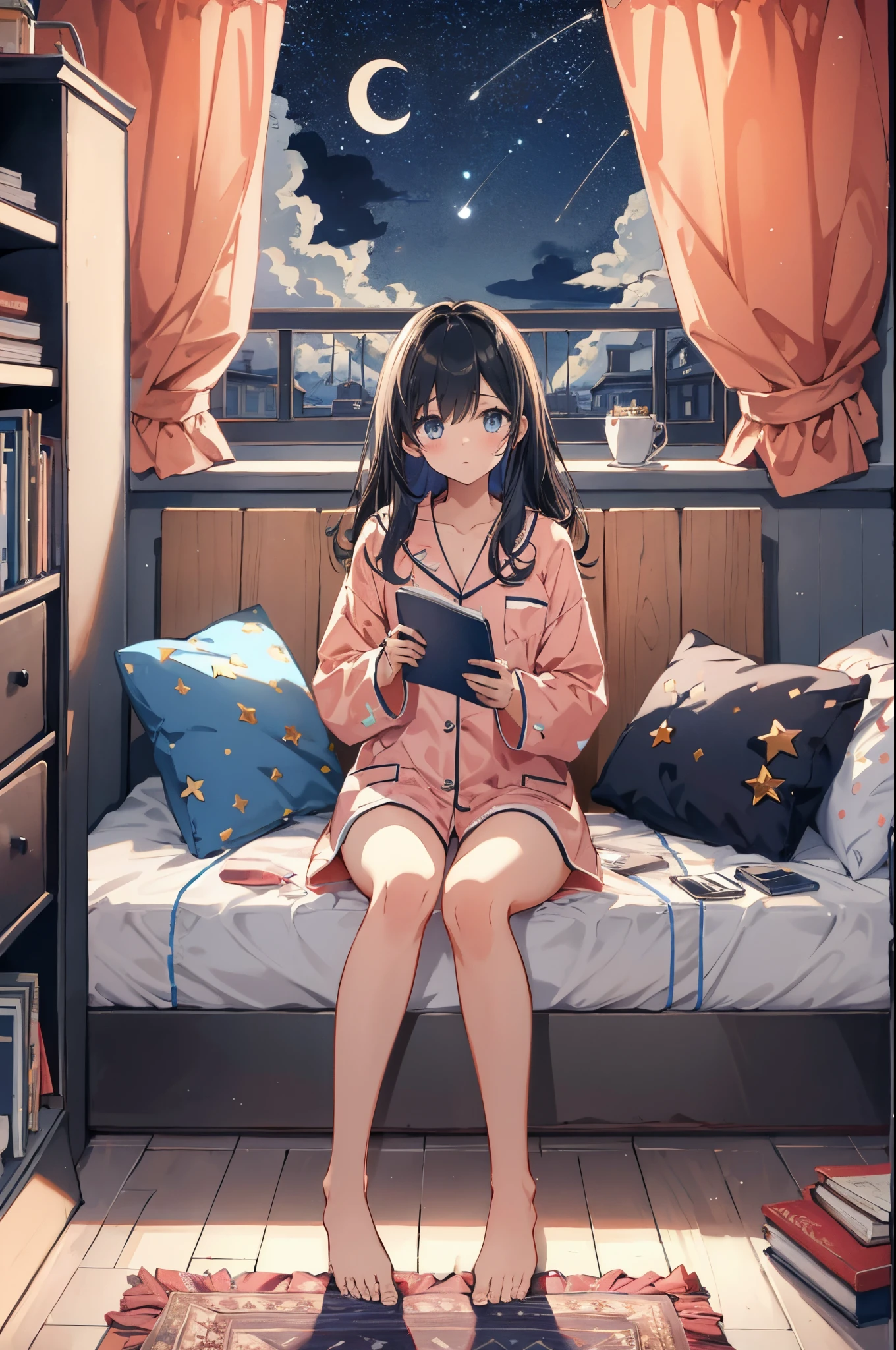 lineart, 
1girl, solo, long hair, black hair, long sleeves, sitting, sky, shorts, barefoot, cloud, indoors, pillow, book, bare legs, window, bed, night, on bed, stuffed toy, moon, stuffed animal, curtains, star (sky), night sky, desk, starry sky, bubble, teddy bear, pajamas, clock, bookshelf, lamp, bedroom, crescent moon, shelf,