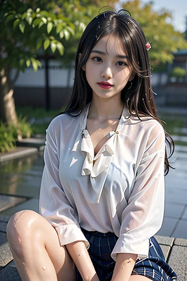 ((1Man Japan Woman:2)), ((1screen)), in 8K, RAW shot, top-quality, masutepiece, photos realistic, ((Anatomically correct proportions: 1.5)), Detailed face, Detailed eyes, Detailed fingers, Detailed skin, Detailed legs, short torso、huge tit、((Shooting from the knee up:1.8))、((18-year-old Japan schoolgirl:1.8))、((A cute high school girl like a Japanese idol:1.8))、((huge tit))、((High school girl standing in schoolyard:1.8))、((Very heavy rain:1.8))、((Wet school uniform blouse:1.8))、((white short sleeve school uniform blouse:1.8))、((Wet school uniform skirt:1.8))、((Wet and glowing skin:1.5))、((Blouses that get wet and adhere to the skin:1.8))、((Rain-soaked hair:1.8))、((blouse with ribbon around the neck:1.5))、((Soaking wet body:1.8))、((Wet and transparent school uniform blouse:1.8))