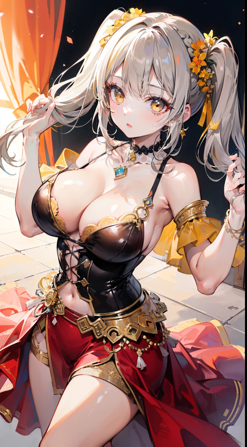 (top-quality、masterpiece、high-level image quality、Super delicate)、((a beauty girl))、(smooth dull gray hair)、(curly twintails, Long bangs)、(Braided hair)Yellow eyes like a brilliant sunset、a choker、Moderately large breasts、((Glamorous dancer costume with high exposure))