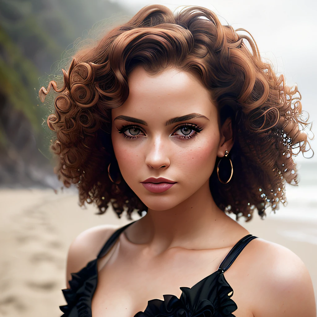 (sharp focus:1.2), photo, attractive young woman, (beautiful face:1.1), detailed eyes, luscious lips, (cat eye makeup:0.85), (large eyes:1.0), (toned body:1.2), (curly hair:1.2), wearing (romper:1.2) on a (beach:1.2). (moody lighting:1.2), depth of field, bokeh, 4K, HDR. by (James C. Christensen:1.2|Jeremy Lipking:1.1).
