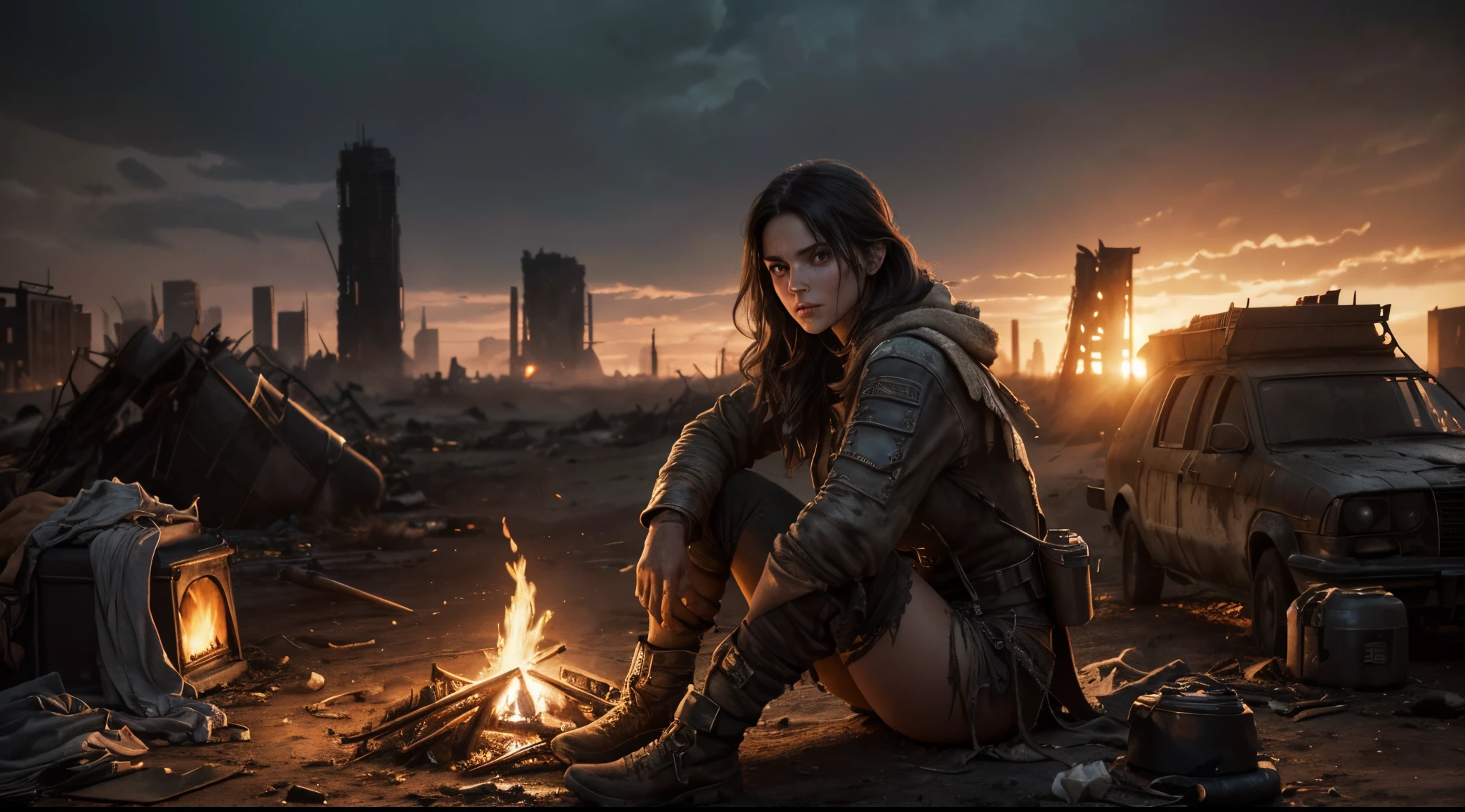 Image of a post-apocalypse brunette, raider, dirty clothes, short dirty tangled hair, sitting by the fire at night, Ruins of New York, Mad Max Style, ((Best Quality)), ((Masterpiece)), Detailed soft oil painting, Detailed background, dramatic cinematic lighting, Soft illumination of the edges, Professional, dramatic  lighting, hard edge lighting, ultra quality, 4k,(mastery, Best Quality, 8K, ultra highres, hight resolution:1.4), Extremely detailed