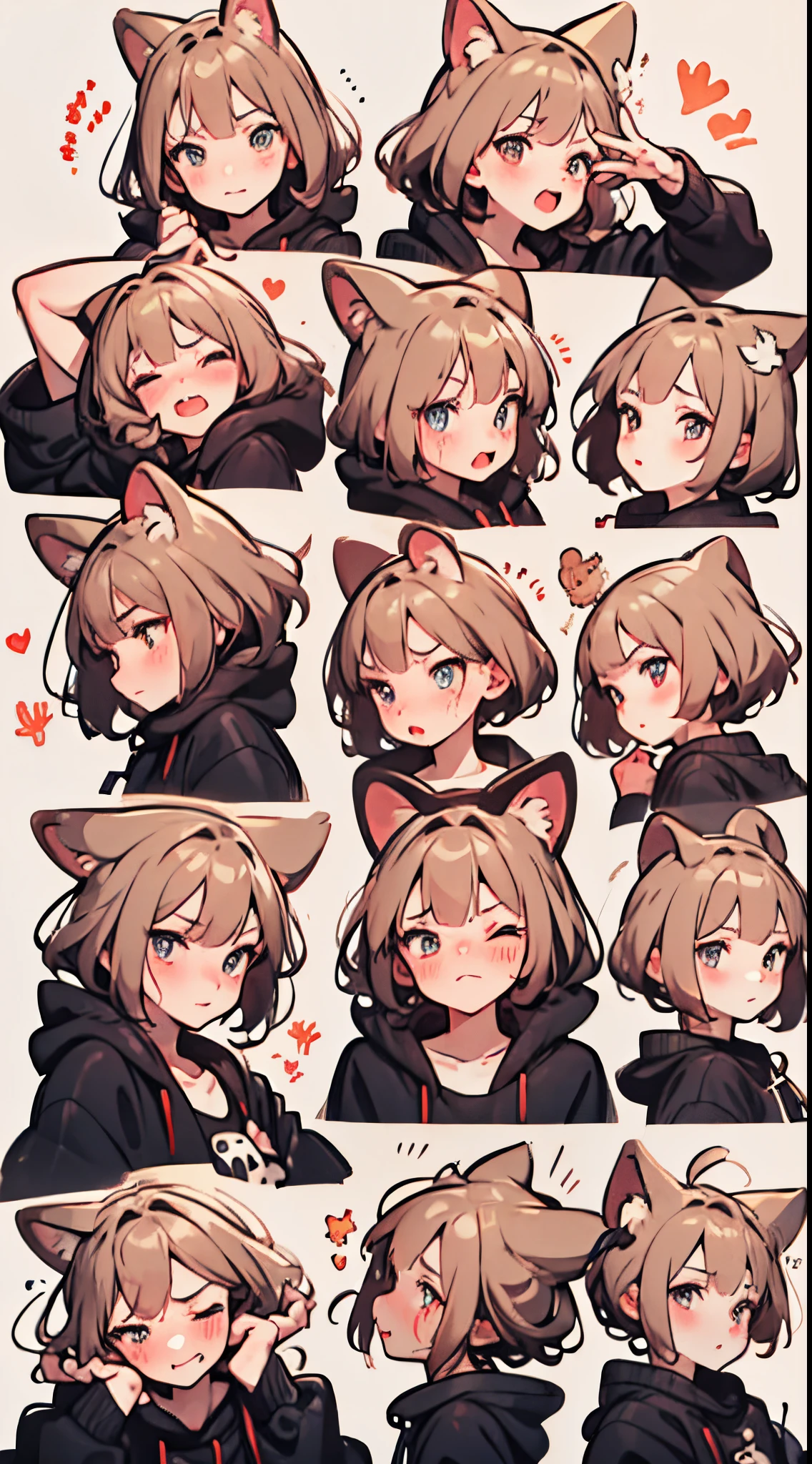 cute girls，redheaded，short detailed hair，Emoji pack，cat ear，（9 emoticons，emoji sheet of，Align arrangement)，9 poses and expressions，astonishment，Had a great time，wake，big laughter，Smell a rat，Infuriated，Touch your head，Sell moe, waiting），anthropomorphic styles，Disney  style，9 different emotions，9 poses and expressions，8K