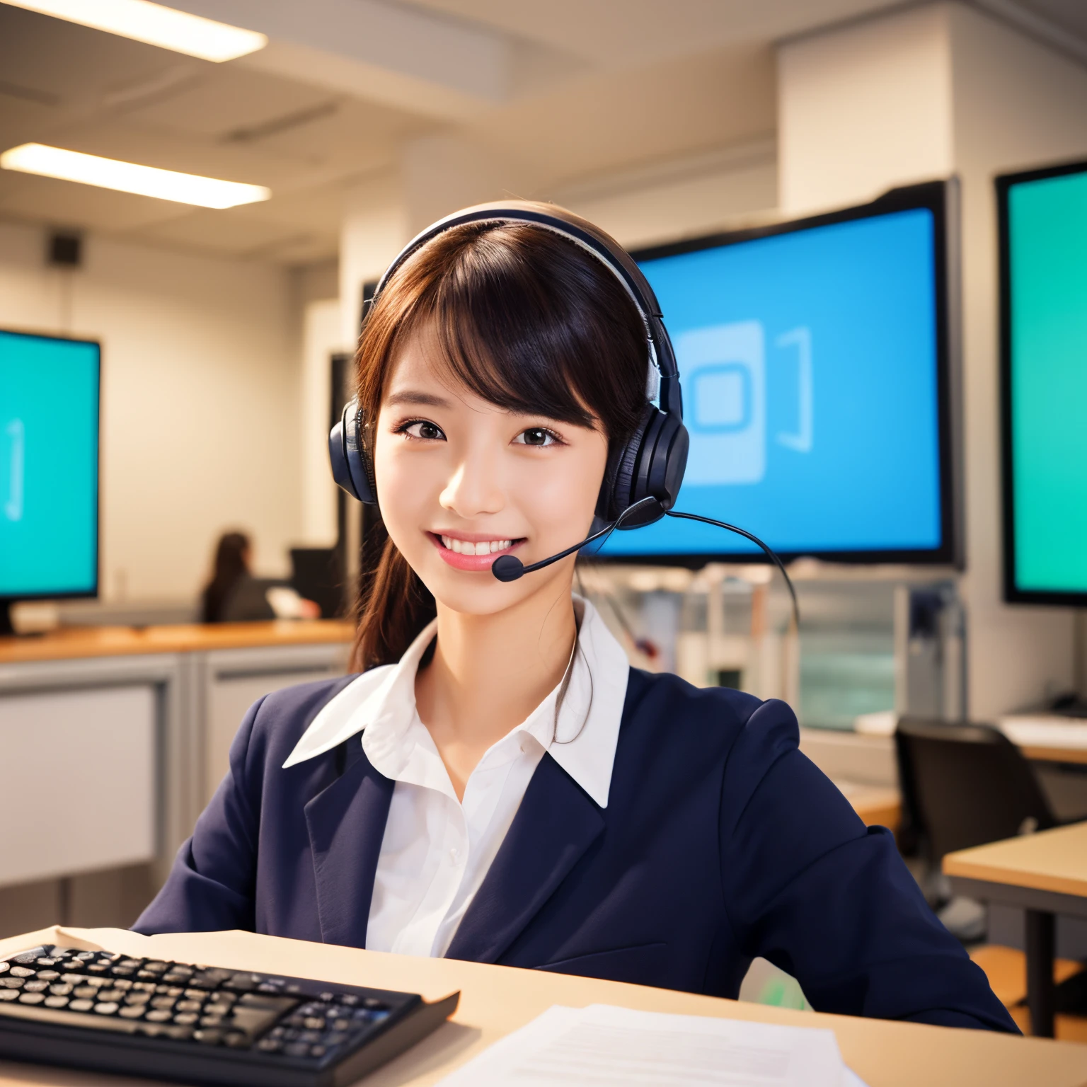 A girl working as a customer service operator for comprehensive car insurance. She is wearing a headset with a microphone.
(ultra-detailed), (best quality, highres, realistic:1.37), professional, vivid colors, (studio lighting), HDR, (sharp focus), (physically-based rendering)
portrait, details of girl's face, detailed eyes, detailed lips, beautiful detailed face, long eyelashes, friendly smile
background: office setting, modern office interior, computer screens, paperwork, car insurance documents
additional details: headset with microphone, desk with phone and keyboard, organized work area, friendly and helpful expression, confident posture
style: digital illustration
color palette: vibrant colors, with emphasis on blues and oranges
lighting: even, soft lighting with a warm tone Here is the generated prompt(A statement that includes all of the above requirements),You can copy and use it directly:
"A girl working as a customer service operator for comprehensive car insurance wearing a headset with a microphone, (ultra-detailed), (best quality, highres, realistic:1.37), professional, vivid colors, (studio lighting), HDR, (sharp focus), (physically-based rendering), portrait, details of girl's face, detailed eyes, detailed lips, beautiful detailed face, long eyelashes, friendly smile, background: office setting, modern office interior, computer screens, paperwork, car insurance documents, additional details: headset with microphone, desk with phone and keyboard, organized work area, friendly and helpful expression, confident posture, style: digital illustration, color palette: vibrant colors, with emphasis on blues and oranges, lighting: even, soft lighting with a warm tone."