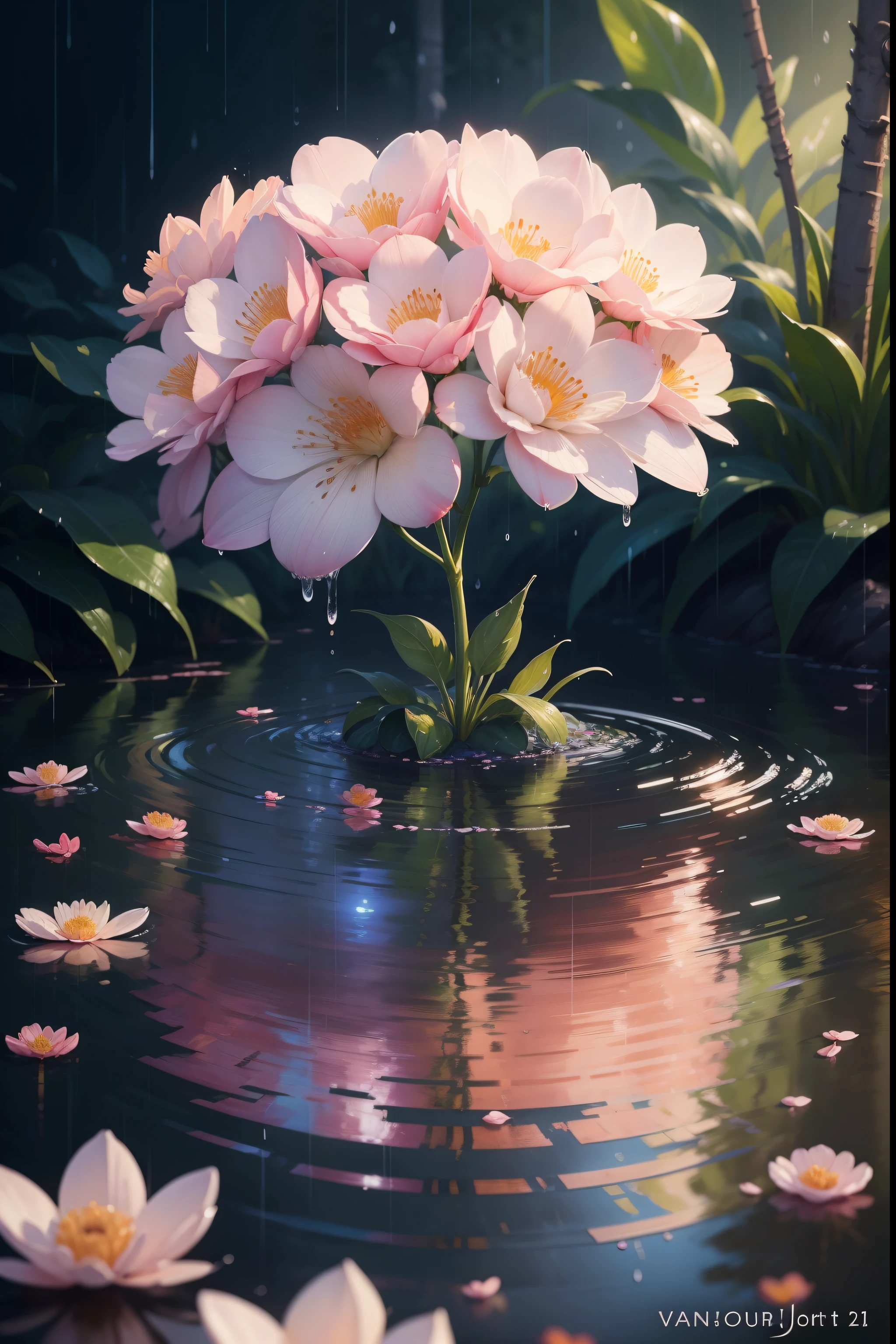 there are many flowers that are in the water in the rain, a digital painting by Yang J, deviantart, process art, flowers rain everywhere, beautiful digital painting, detailed painting 4 k, digital painting highly detailed, beautiful digital artwork, highly detailed digital painting, detailed digital painting, gorgeous digital painting, elegant digital painting, high quality digital painting, very detailed digital painting