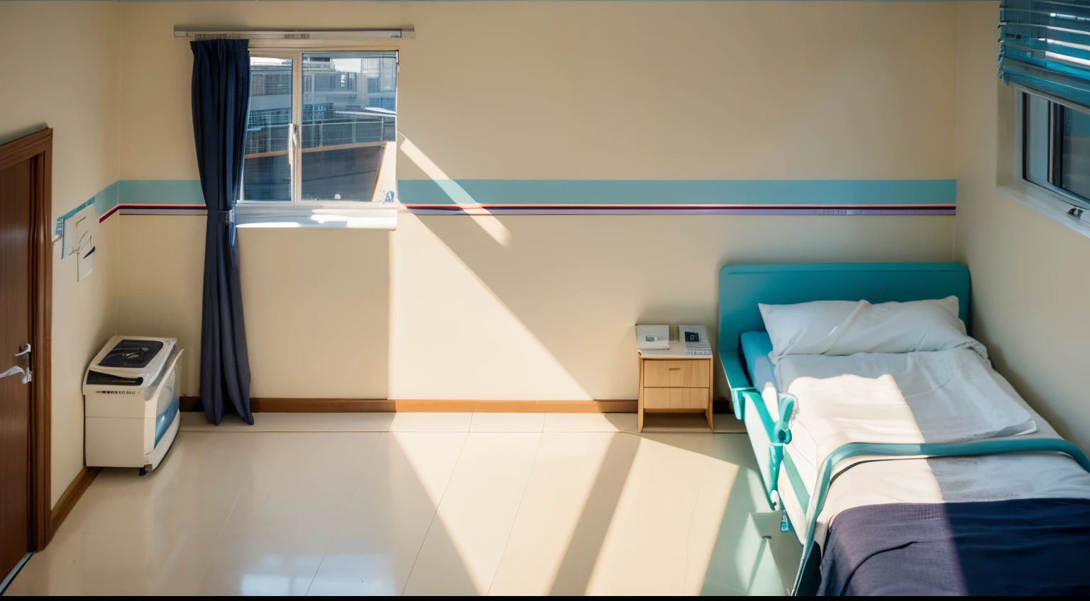 sickroom,Pretty big breasts,succinct,windowsill,wall paintings,doors,hospital bed