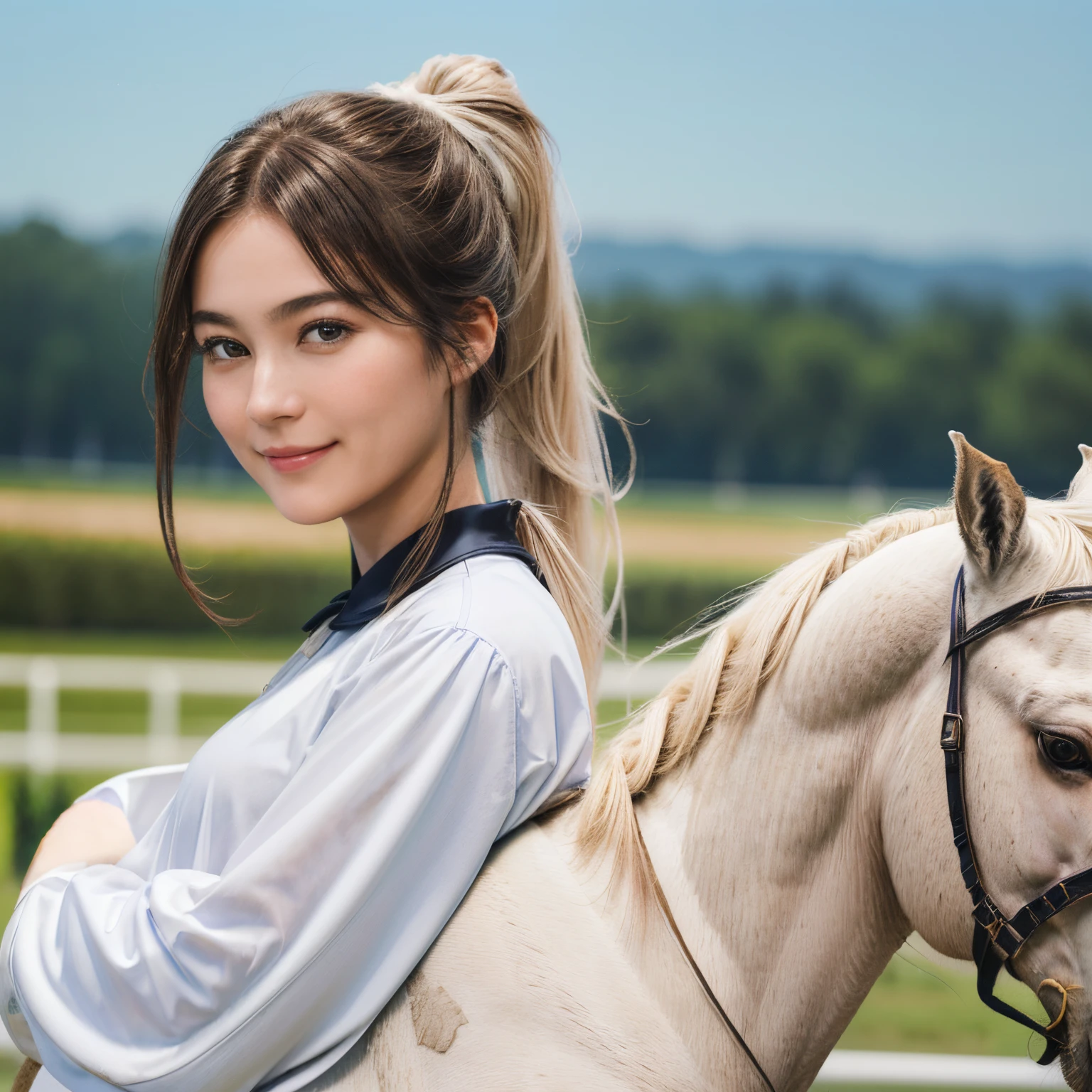 101
(a 20 yo woman,Riding on a white horse), (A hyper-realistic), (high-level image quality), ((beautiful hairstyle 46)), (I have my hair in a ponytail), (Gentle smile), (Keep your mouth shut), (ride horse、Horse racing、Equestrian competitions)