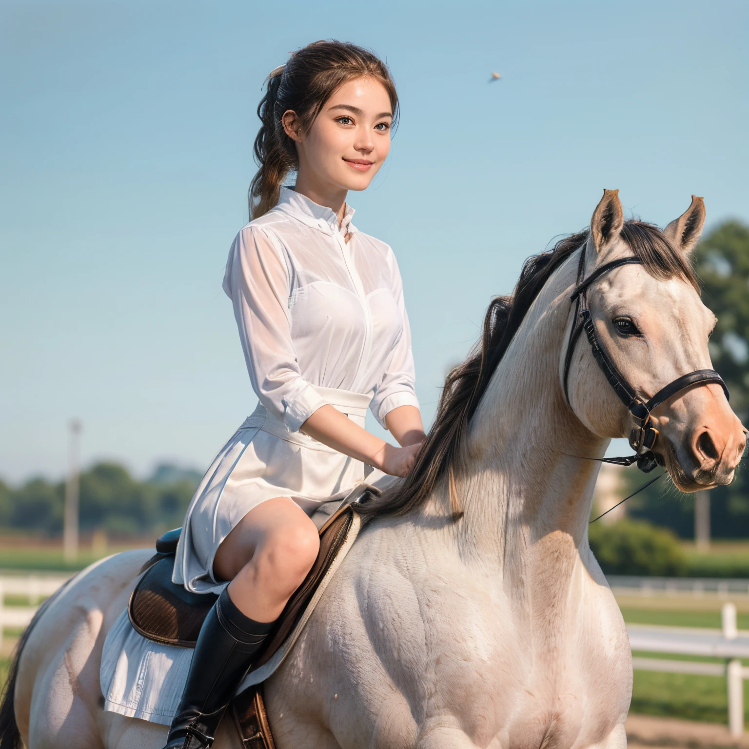 101
(a 20 yo woman,Riding on a white horse), (A hyper-realistic), (high-level image quality), ((beautiful hairstyle 46)), (I have my hair in a ponytail), (Gentle smile), (Keep your mouth shut), (ride horse、Horse racing、Equestrian competitions)