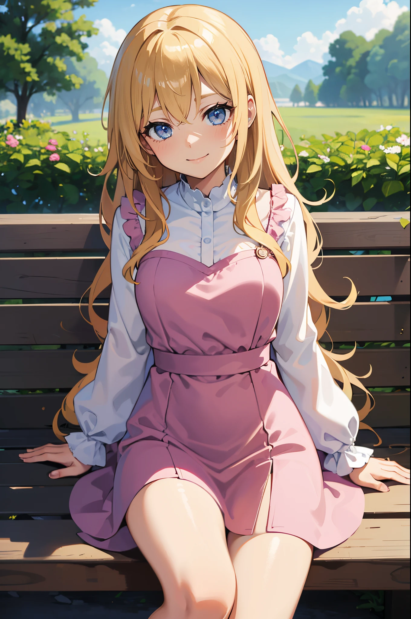 Safe for work, masterpiece, best quality, solo, 1 girl, wholesome girl,  (young female body:1.4), ( medium breasts), cowboy shot,  shy smile, flustered, yellow golden wavy hair, extra long blonde hair, hime cut, crystal blue eyes, very detailed eyes, good details, griffin style dress, , thight pink dress, light pink dress, white  pantyhose, outdoors, park bench, sitting, ver long hair, long sleeves