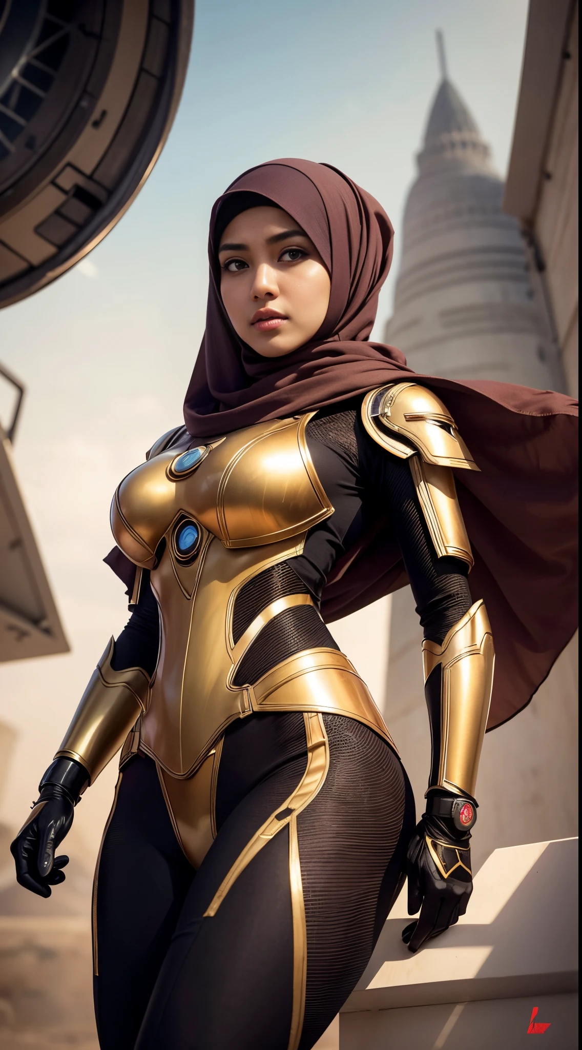 RAW, Best quality, high resolution, Masterpiece: 1.3), Beautiful Malay woman in hijab, (naked Mecha),Masterpiece, (Naked), best quality,8k, brown eyes, perfect eyes,Imagine the Malay girl in hijab in a futuristic command center, strategically coordinating red her mecha suit's actions to respond to a crisis, showcasing her leadership and intelligence