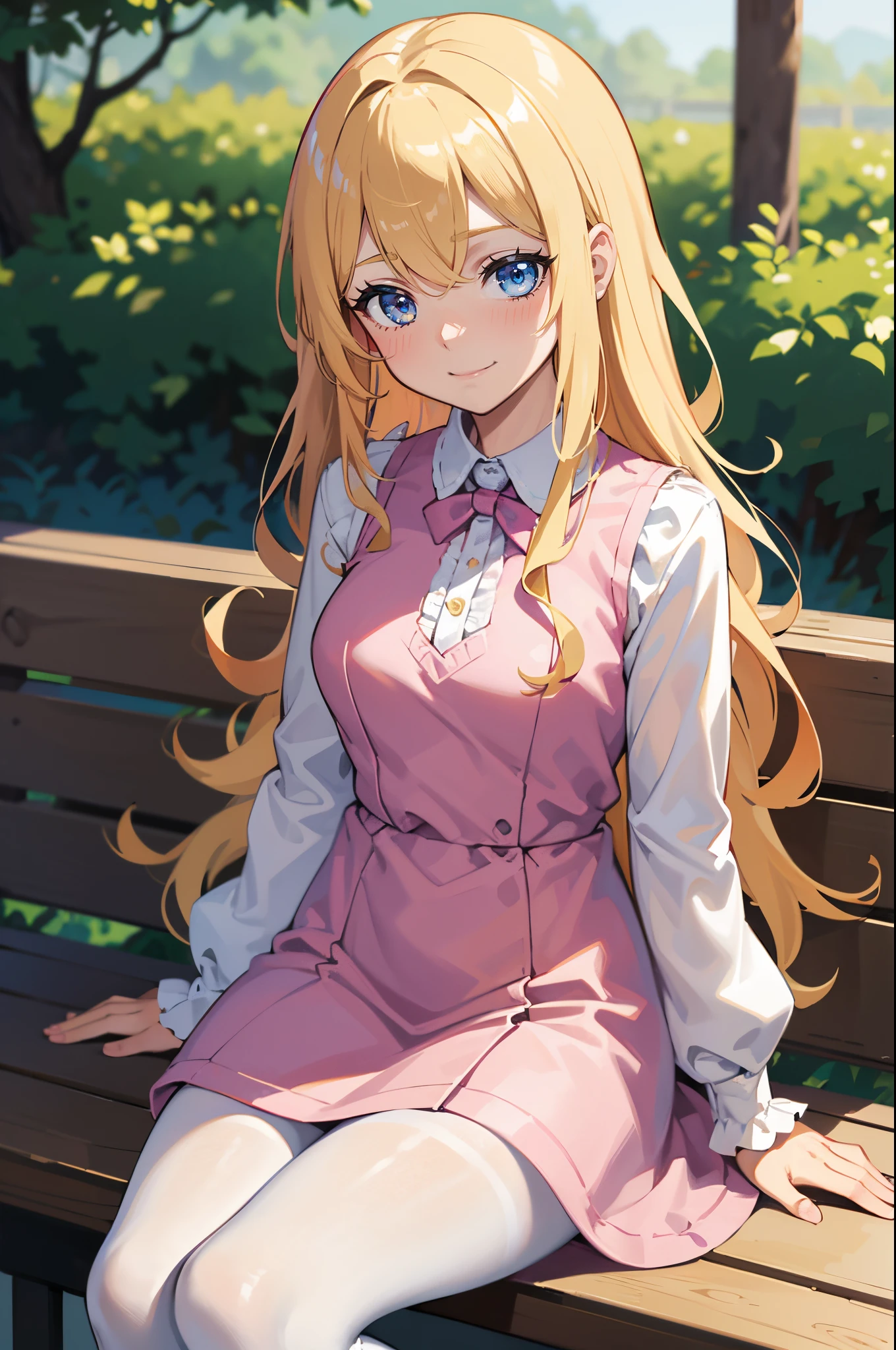 Safe for work, masterpiece, best quality, solo, 1 girl, wholesome girl, (young female body:1.4), ( medium breasts), cowboy shot, shy smile, flustered, yellow golden wavy hair, extra long blonde hair, hime cut, crystal blue eyes, very detailed eyes, good details, griffin style dress, , thight pink dress, light pink dress, white pantyhose, outdoors, park bench, sitting, ver long hair, long sleeves