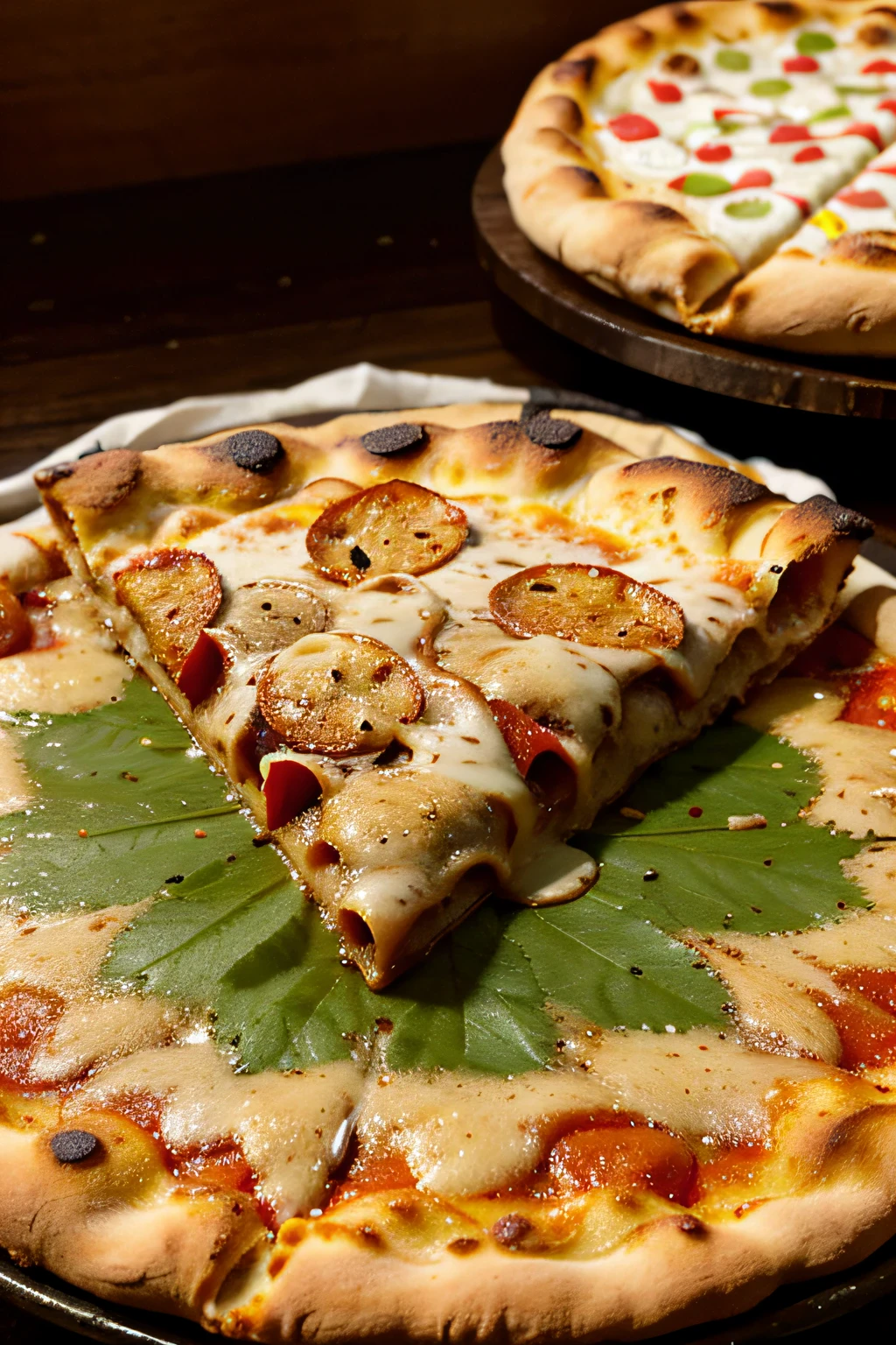 Apetitosa fatia de pizza, deliciosa, perfumada, fotografia profissional detalhada e leve, close-up