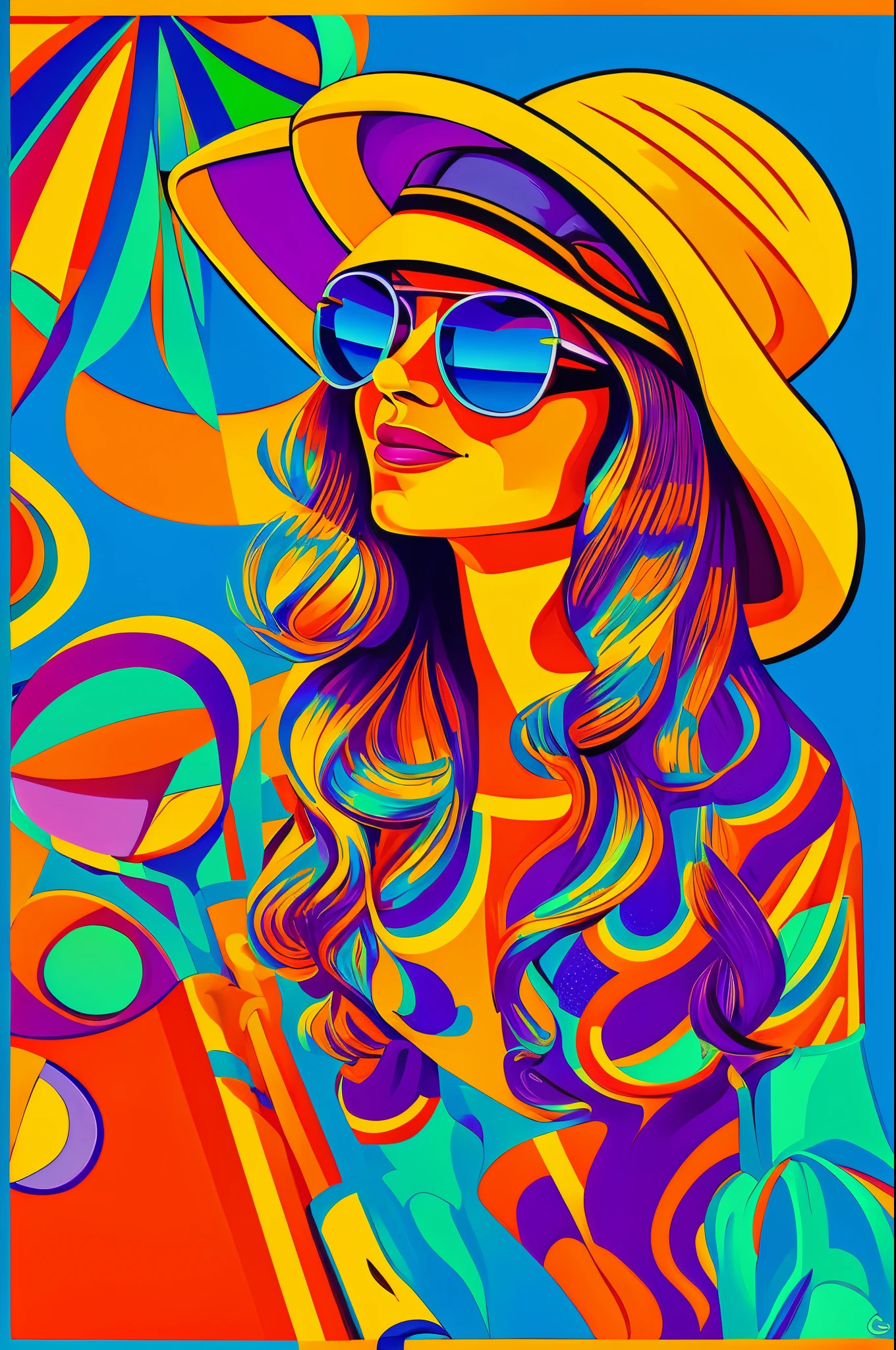 painting of a woman with a hat and sunglasses on, inspired by Victor Moscoso, posterized color, stylized portrait h 640, in style of digital art, portrait in the style of craola, digital art picture, stylized portrait h 704, inspired by Bunny Yeager, digital art but photo, violet polsangi pop art