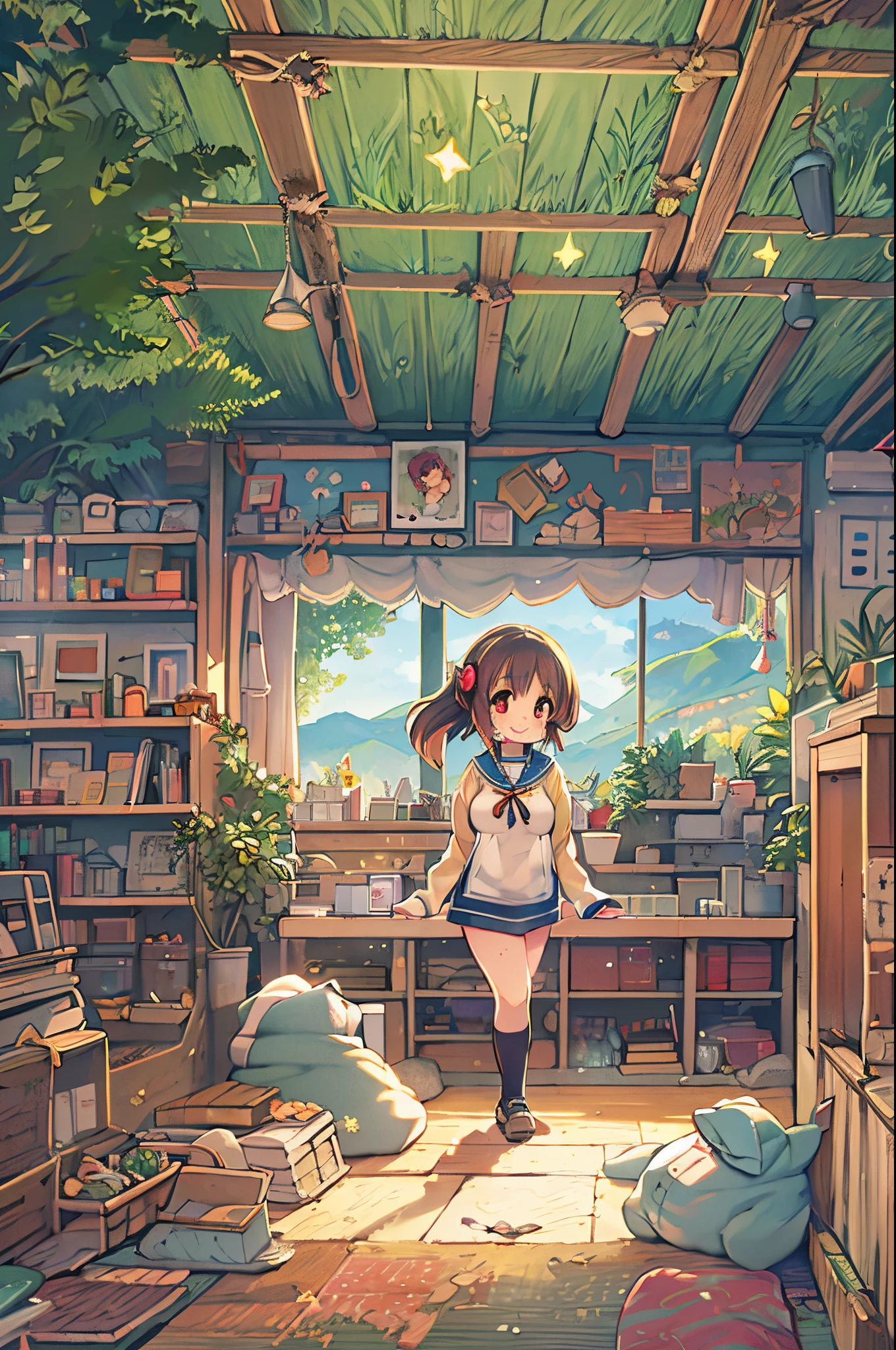 huge-breasted、kawaii、8 years old girl、A big smile、bbw、thick thight、big butts、Ultramammy,Chibi, beautiful anime scene, Anime landscapes, Anime Background, Beautiful anime scenery, Beautiful peace scenes in anime, landscape artwork、inside the kindergarten、Hobo-san