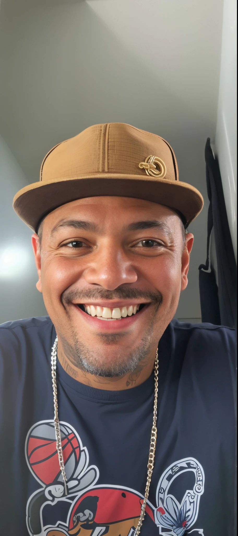 smiling man wearing a hat and chain necklace, taken in the early 2020s, Homens de 45 anos, (38 anos), inspirado em Christopher Williams, 38 anos, 3 6 anos, Homem de pele marrom com um sorriso gigante, imagem de perfil, Masterpice, Homem de 4 0 anos, Rodney Mateus, foto de perfil