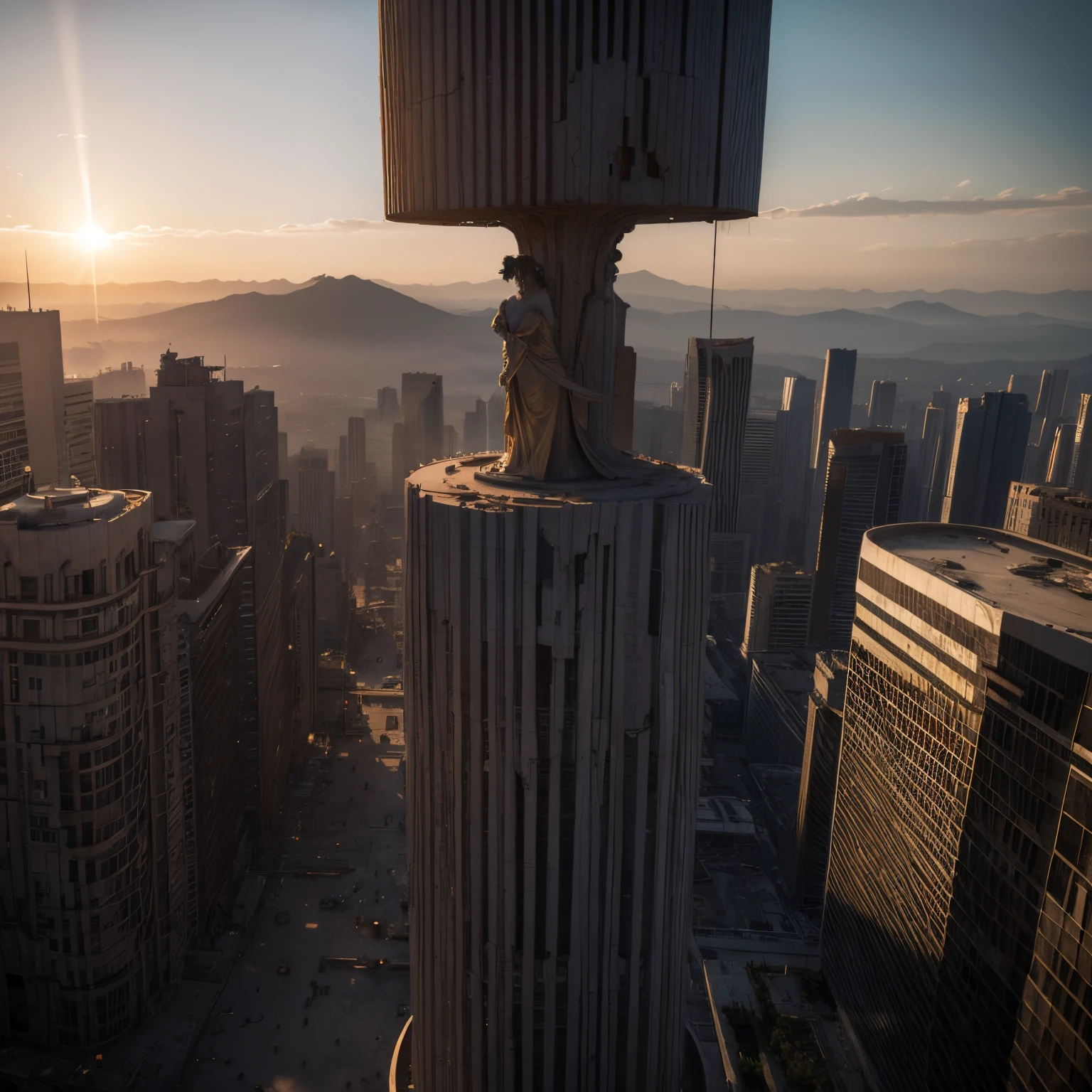 Apocalyptic ruins, Part of a huge classical sculpture, from above, sunlights, Future Style, （Realistic details: 1.2）,（Background bokeh）,（finedetail）,（Cinematic lighting）,（Clear focus）,Incredible dreamscape,（It can't be: 1.2），（Panoramic view：1.2），atmospheric distance sense，strong natural，postapocalypse，close focus，real miracle，（Very small human beings contrasting with the scene）