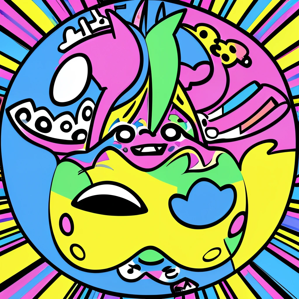 (Ultra-detailed,Portraits),(Bright colors,Vibrant colors),(Best Quality,masutepiece:1.2),(inspired by famous people),(The artists:by Keith Haring),(Colorful Pop Art),(Eyes and faces with detailed),(Playful movement and lines),(Animals:dogy,Cats),(round shapes and numbers),(Dynamic Poses),(Abstract features),(graffiti style),(Expressive,Energetic),(funky patterns),(bold outline),(Black and white contrast),(inspired by comics),(80s atmosphere)