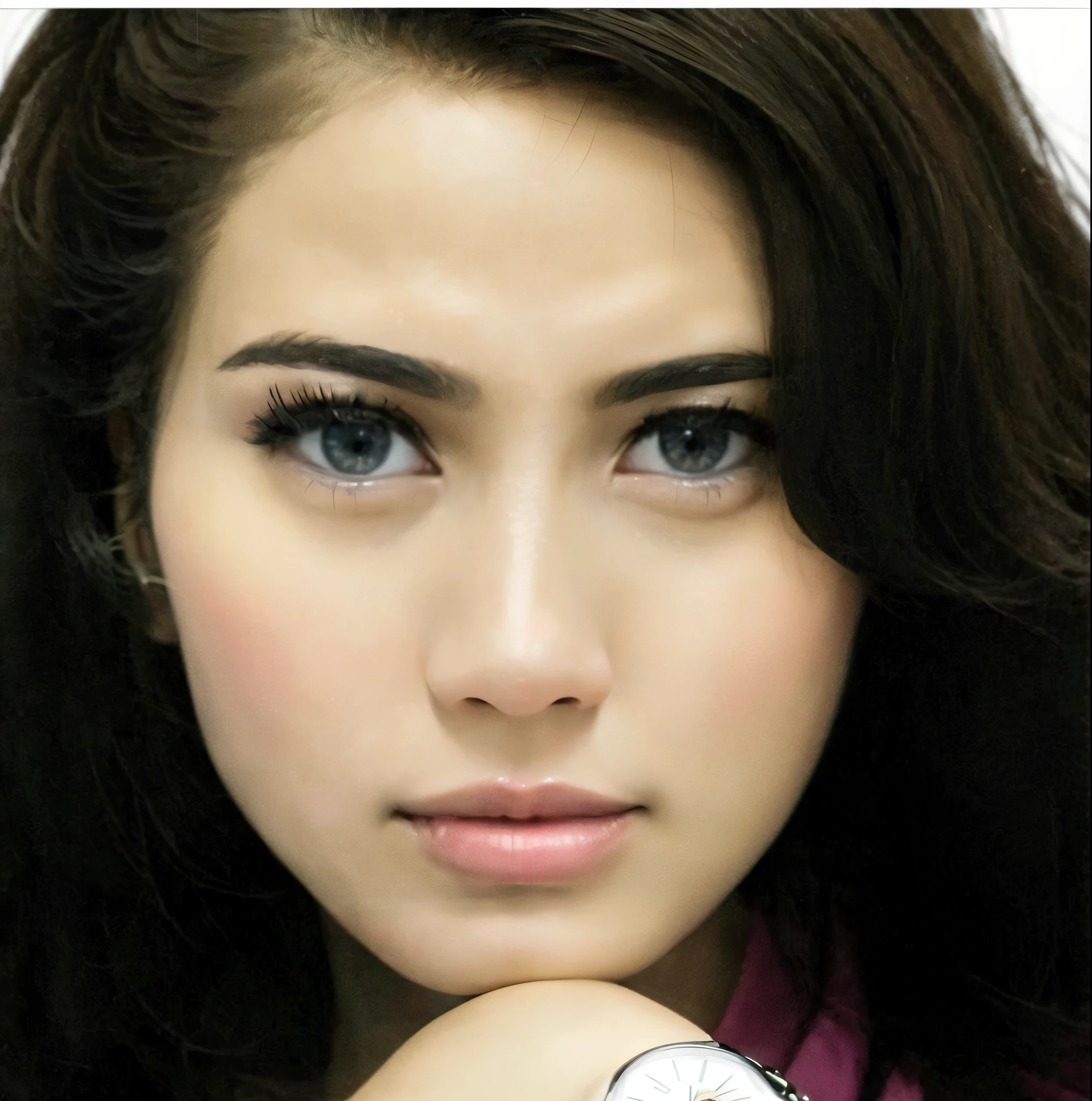 there is a woman with a watch on her wrist posing for a picture, beuatiful face, close up potrait, asian face, attractive female face!!!, beutiful face, with accurate face, semi realism, cindy avelino, photorealistic beautiful face, foto realistic, south east asian with round face, oriental face, potrait, hana alisa omer