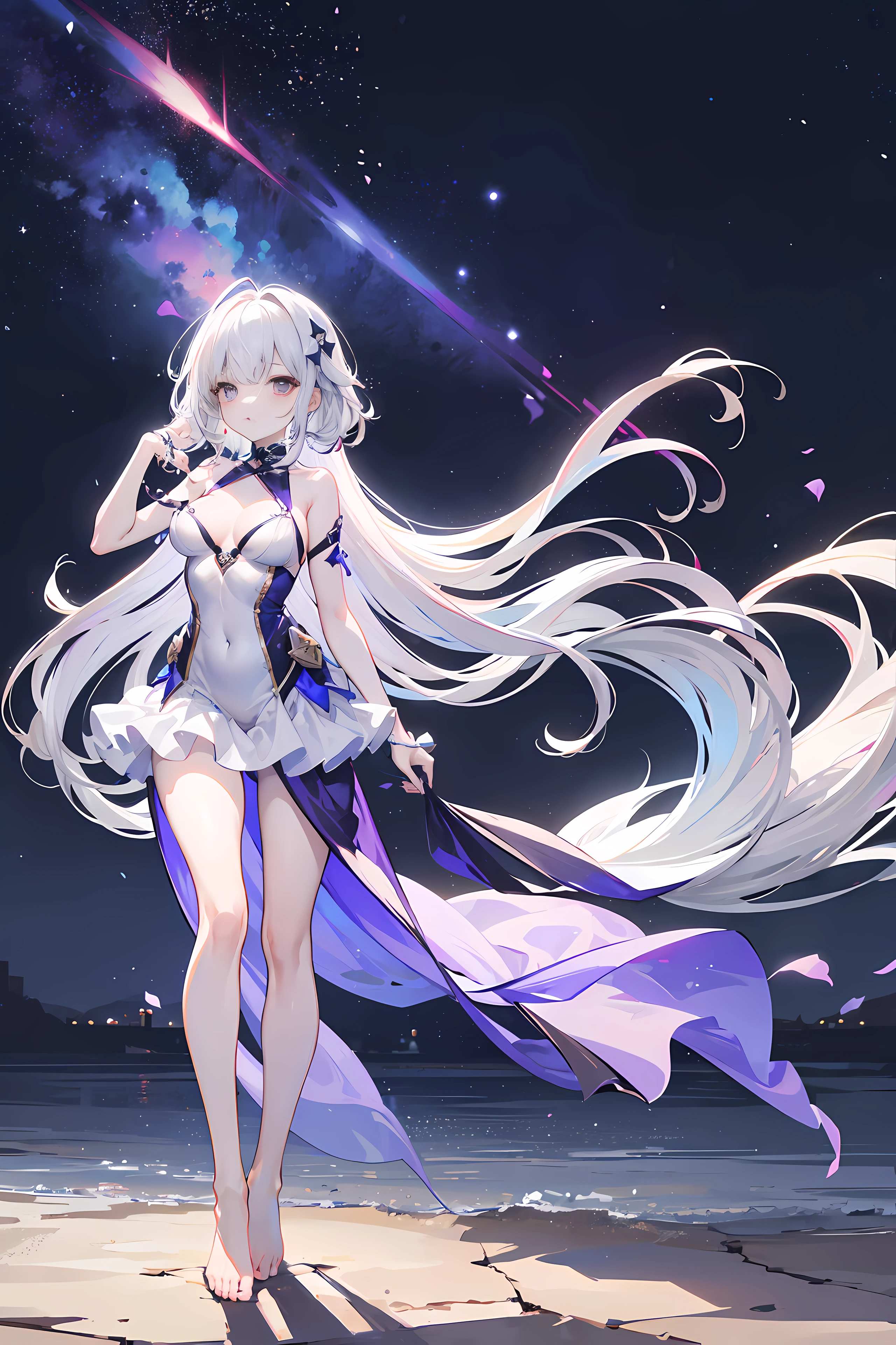 Lilac gradient hair,Asymmetrical hair,((Hair is very thick 1.8,Hair is well-defined1.6)), Hair over the shoulder, messy hair, Very long hair, shinny hair,(Long gray hair:1.2),A beautyful girl,(Luxury Platinum Mini Ultra Short Platinum Lolita,Made of transparent material),(Transparent clothes transparent 1.8),perfect body figure,big thin legs,slenderness,(looking sad,Haggard complexion ,grieves,close your mouth:1.2) Against the backdrop of an unusually bright dark starry sky,(Place your hands behind your back),(Round,tuba, firm breast),Barefoot,afloat,waterface,(long leges,long leges,long leges,Perfect leg shape),Full body photo。