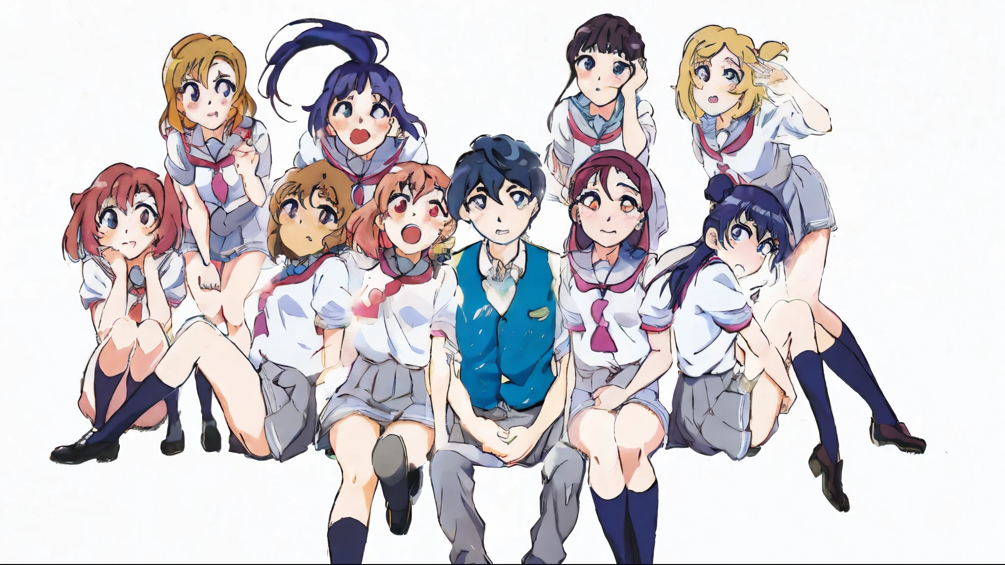 anime girls sitting on a bench with their mouths open, shirobako, official anime still, cel shaded anime, official studio anime still, promotional art, evangelionic illustration, sankakucomplex anime image, anime key visual”, official art, shoujo, anime still, official anime media, tv tokyo 2010s anime series, official anime artwork