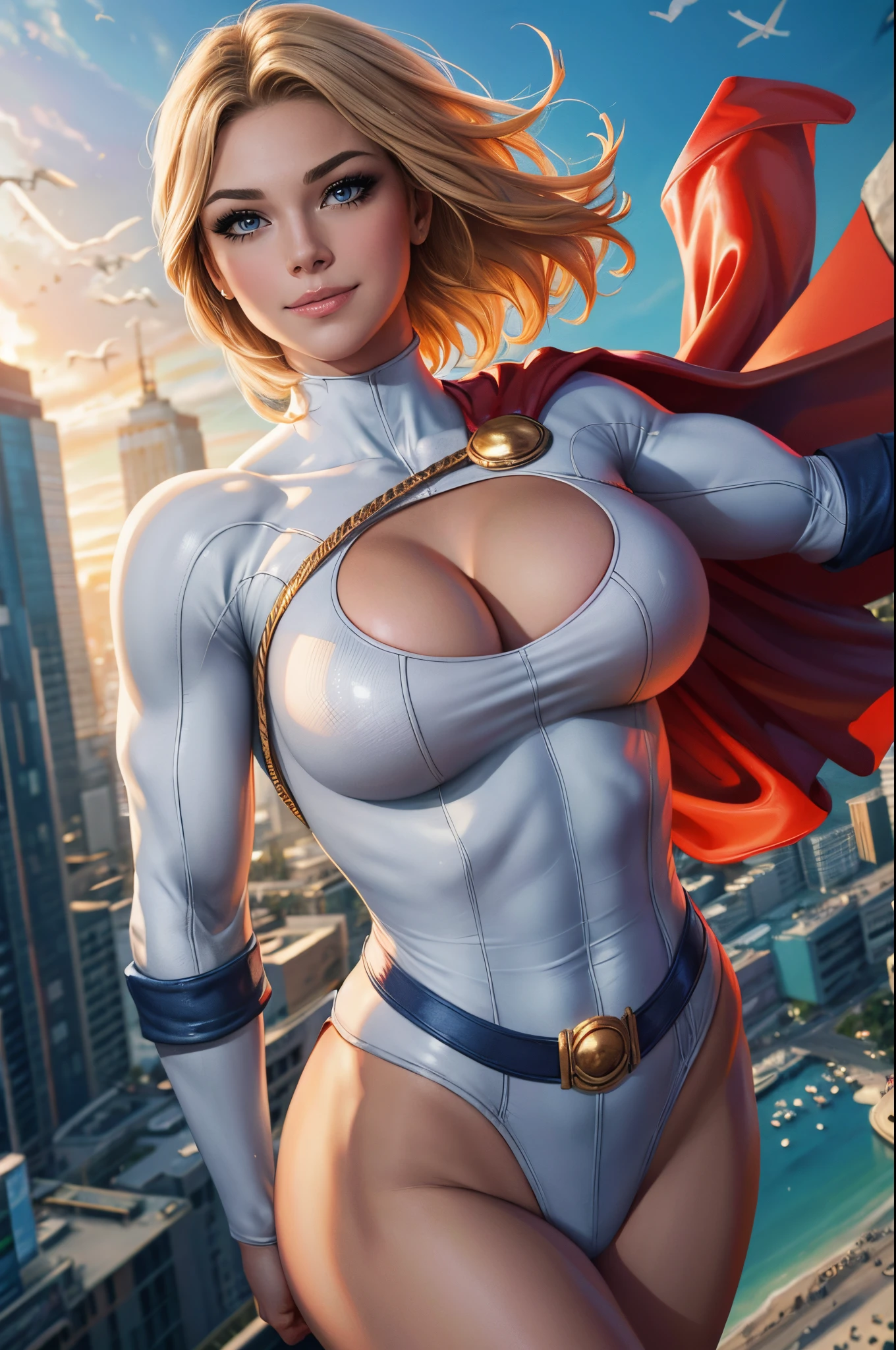 Power Girl from DC comics, (best quality,4k,8k,highres,masterpiece:1.2),ultra-detailed,realistic,portrait,beautiful detailed eyes,beautiful detailed lips,extremely detailed eyes and face,long eyelashes,sexy,medium:oil painting,glowing skin,flowing hair,radiant smile,power girl in the air,flying,confident pose,stunning curves,vivid colors,dramatic lighting,serene background,striking composition