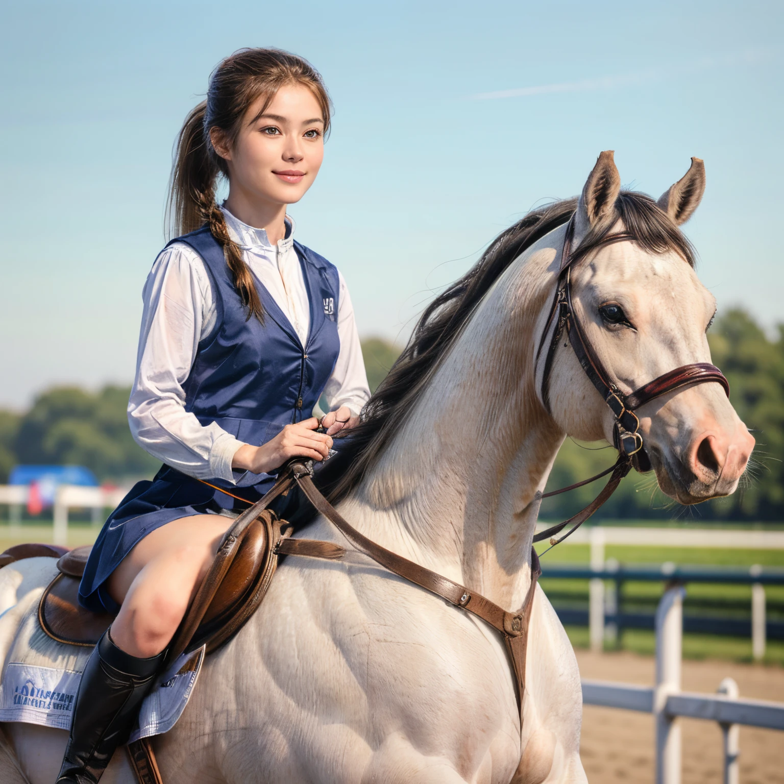 101
(a 20 yo woman,Riding on a white horse), (A hyper-realistic), (high-level image quality), ((beautiful hairstyle 46)), (I have my hair in a ponytail), (Gentle smile), (Keep your mouth shut), (ride horse、Horse racing、Equestrian competitions)