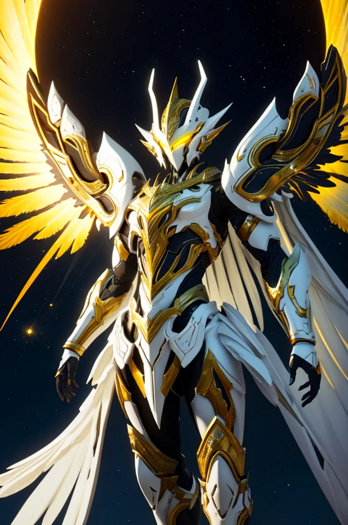 "God of Light, no human, yellow line, white wings, white armor, glowing eyes, digital art, ultra-detailed, vivid colors, ethereal atmosphere, Celestial beings