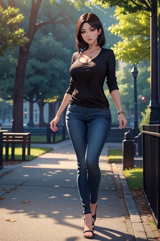 Only one woman , There's an adult woman in a park, wearing casual clothes in shiny skin, Dark Hair, beautiful chest, Clivage, Second life avatar, Beautiful screenshot, Second life,, full body view, Front view, seductive woman, high quality, Very detailed skin,