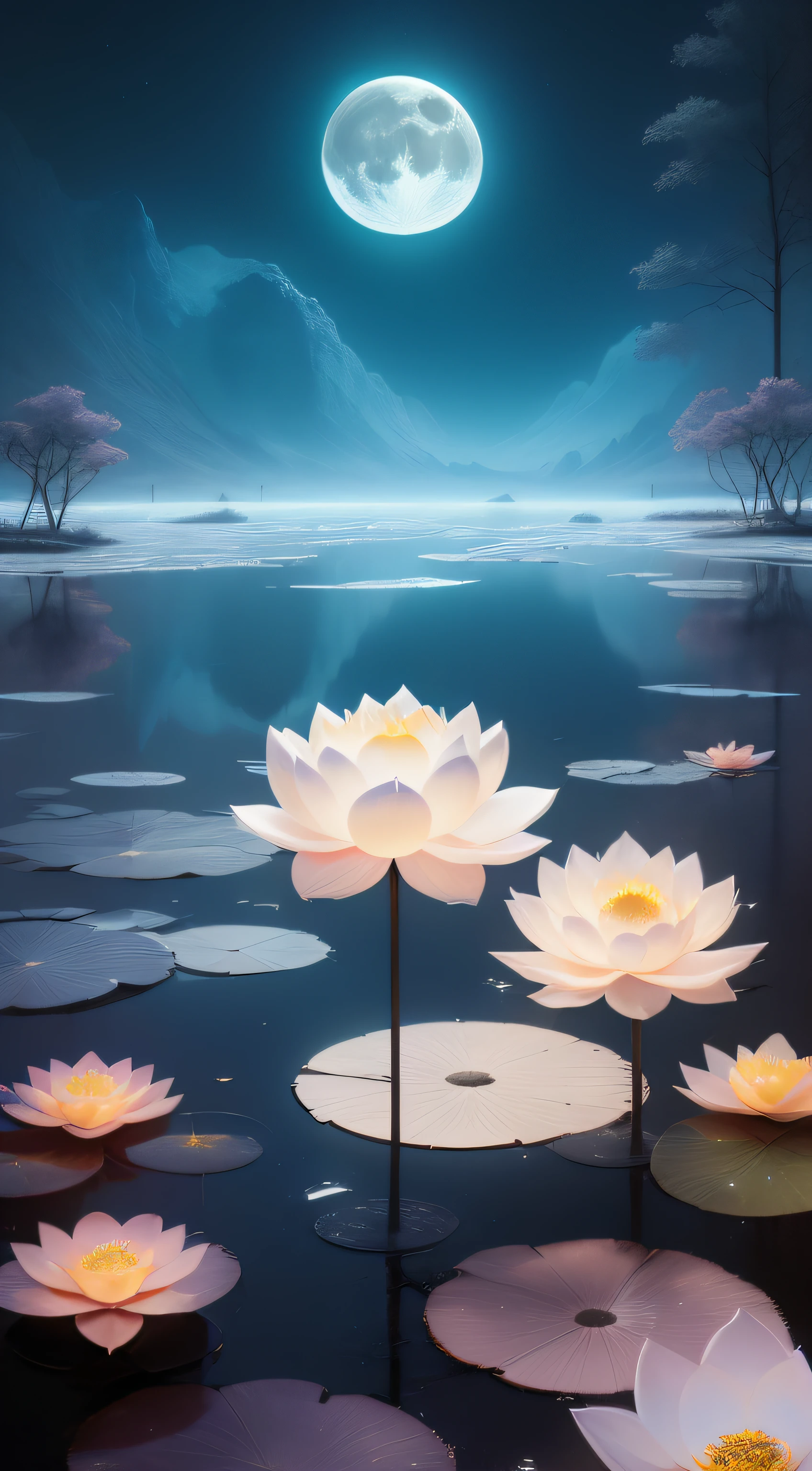 (((the night))),(((the huge moon))),Moonlight is reflected on the surface of the water,Lotus lamp,Huge pond,Faraway view,Wide world,inverted image,Water streaks,Ancient Chinese palaces
