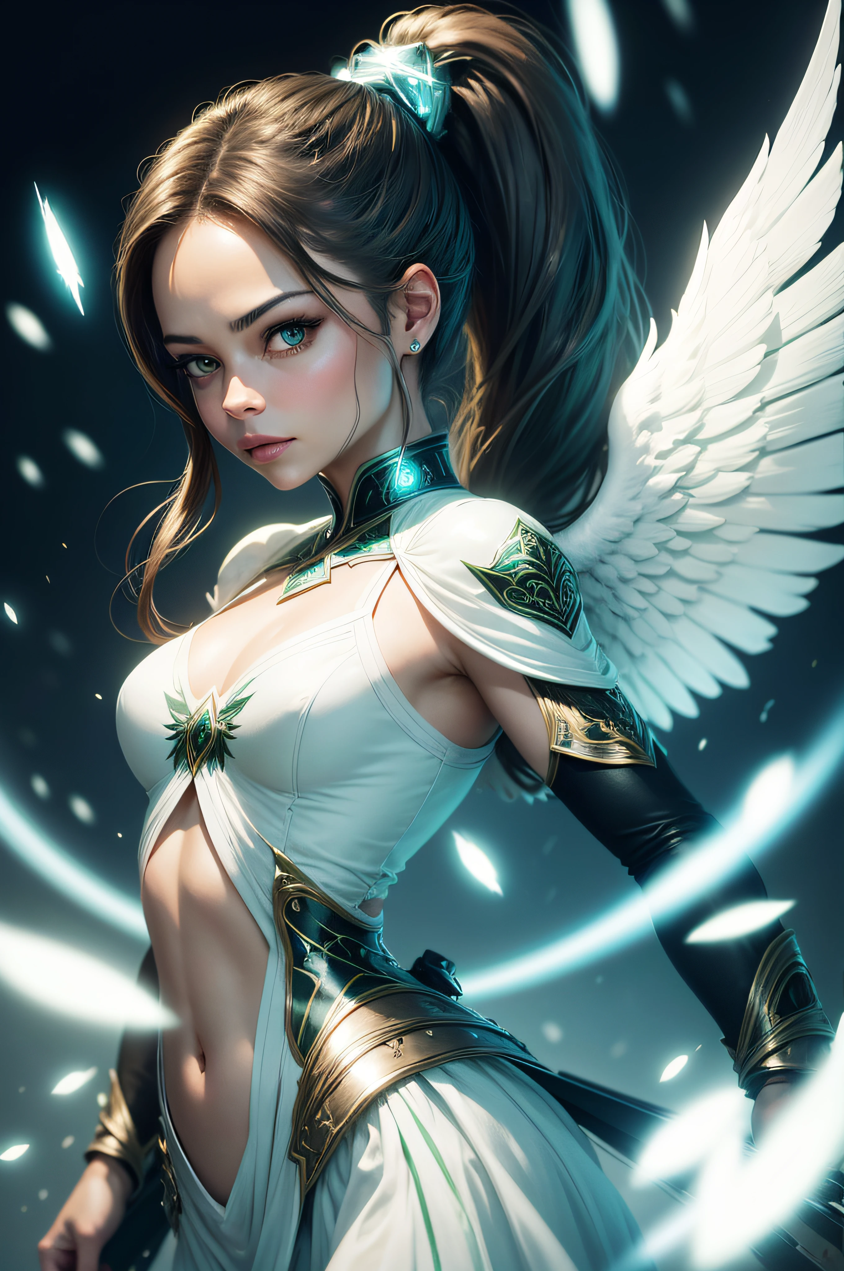 Kristin Kreuk with ponytail and green eyes as an Angel with white wings, cosmique, surreal, Very bright colors, Light particles, with bright light, dramatic light, very detailed, very high quality.