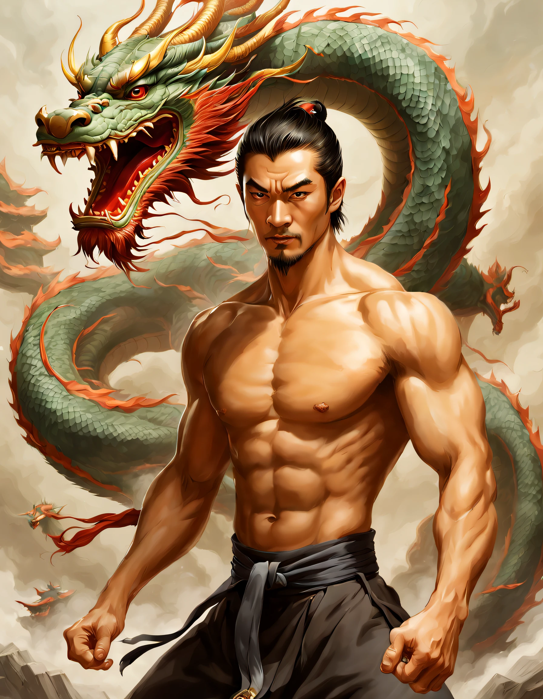 double contact, kung fu man, Barefoot，Handsome facial features，Strong，chinesedragon，simple backgound,