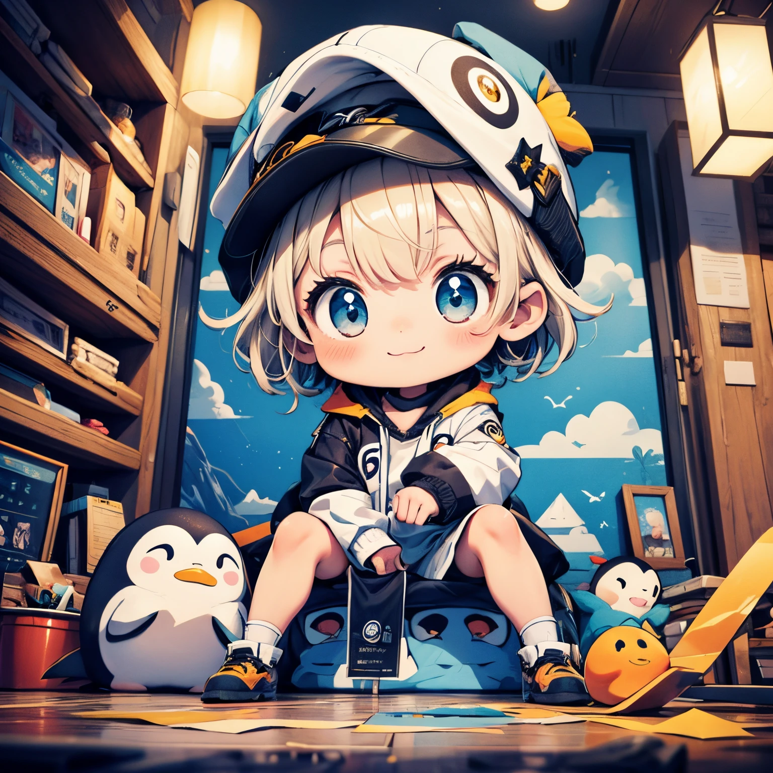 masterpiece、The highest image quality、Chibi、Cute、Girl personified a penguin、full nude、spread legs, dynamic angle,The best smile、细致背景