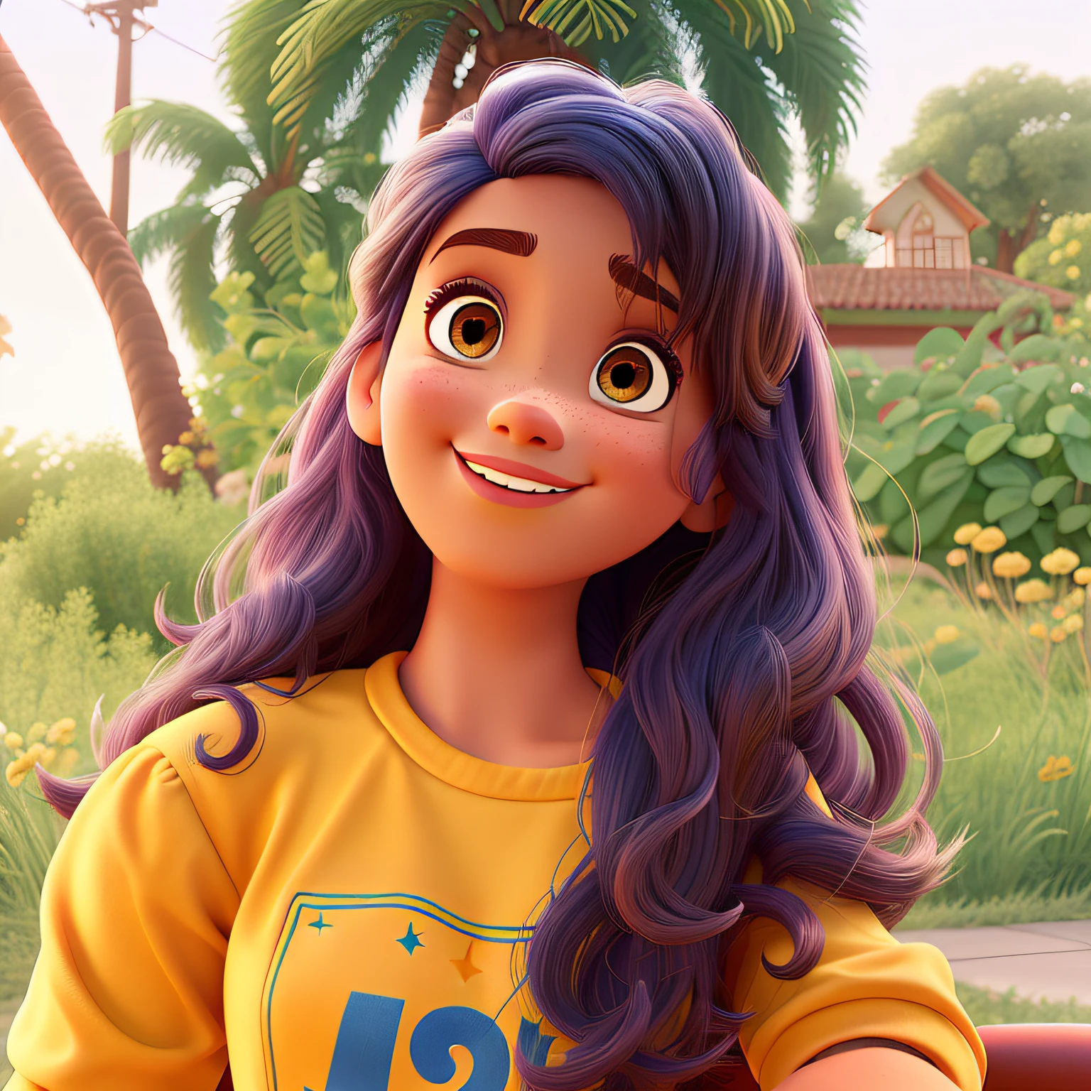 Inspirado na Disney Pixar. de pele clara, olhos escuros, cabelos ondulados escuros, vestindo roupas azuis. A cena deve seguir o estilo de arte digital diferenciado da Pixar, Focusing on Characters' Expressions, Vibrant colors and detailed textures feature its animations.