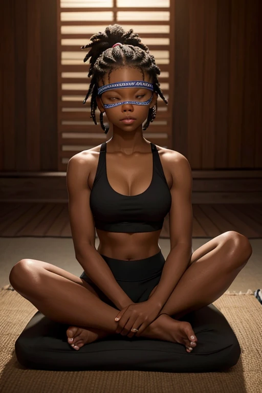 A beautiful blindfolded black woman with dark hair in cornrows, wearing a sportsbra and yogapants, barefoot, bare midriff, sitting in a lotos pose and meditating blindfolded, serene facial expression.