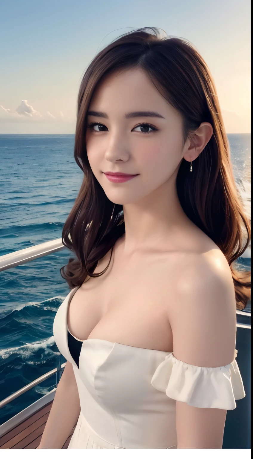 (A hyper-realistic), (hight resolution), (8K), (ighly detailed), (beatiful detailed eyes), (top-quality), (ultra-detailliert), (masterpiece), (A detailed face), softfocus、face of emma watson、Twin-tailed、Standing on the deck of a luxury cruise ship、Magnificent sea views、Warm appearance、Colossal tits、japanes、A smile、