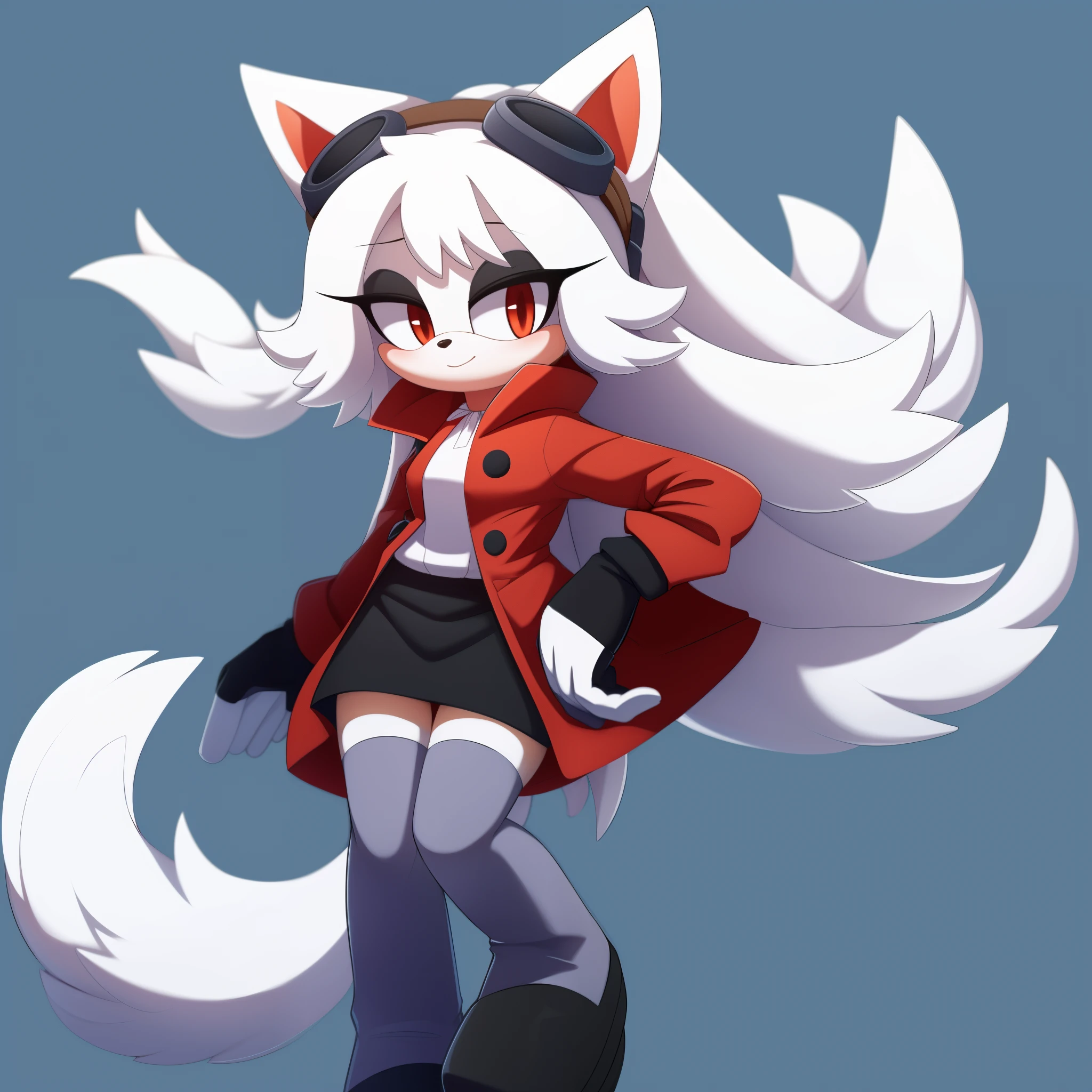 ((1girl)), ((solo)), female, mobian, fox, grayish white fur, furry, standing with crossed legs, one hand on hip, eggmaam outfit, eggmaam cosplay, skirt, thighhighs, gloves, red jacket, black thighhighs, white gloves, black skirt, goggles, ((long grayish white hair)), ((long hair)), ((hair over shoulders)), red eyes, cat like muzzle, hair bangs, red eyes, blank expression, looking at viewer, (background comfy looking bedroom), (best quality)