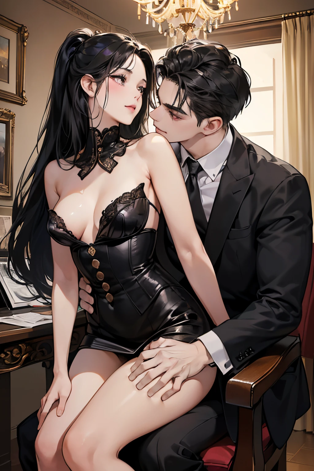(masutepiece, Digital Art, Digital Illustration, 4K, 8K, Ultra-detailed, beautiful image, Sharp Image, Photorealistic, Raw photo, Perfect face, Perfect lines, Perfect eyes, Soft lighting) 1 woman, (Long Black Hair,straight haired,Bullish gaze,Beautie,Woman in suit,Solid makeup,23 y-o woman,small tits:1.3),Secretary, Two handsome men in suits, (ember,Men in suits,well-muscled,Firm shoulder width,Adult male,Boyish hairstyle,English gentlemanly style,Man in his 30s with a cool expression,28-year-old man with bright smile:1.2),Office scene at night,Antique furnishings,Antique Clamps,Antique chair,chandeliers,Parti、a couple、couple kissing、kiss、the kiss、Romance、loves it、kiss、a couple、couple kissing、Romance、Romance、ssex、have sex、Wet pubic area、insert 、Rape、Overflowing、A slight smil、Florist full of light,wretched、Black Knee High Socks、独奏,Full body painting,(One Girl And One Man,Having sex:1.5),(ember,Adult male,Rubbing the girl's boobs:1.2),Cheek dyeing、gasping face、embarrassed、boredom、begging、Unhappy、Greedy expression,Wet pubic area、 xen、