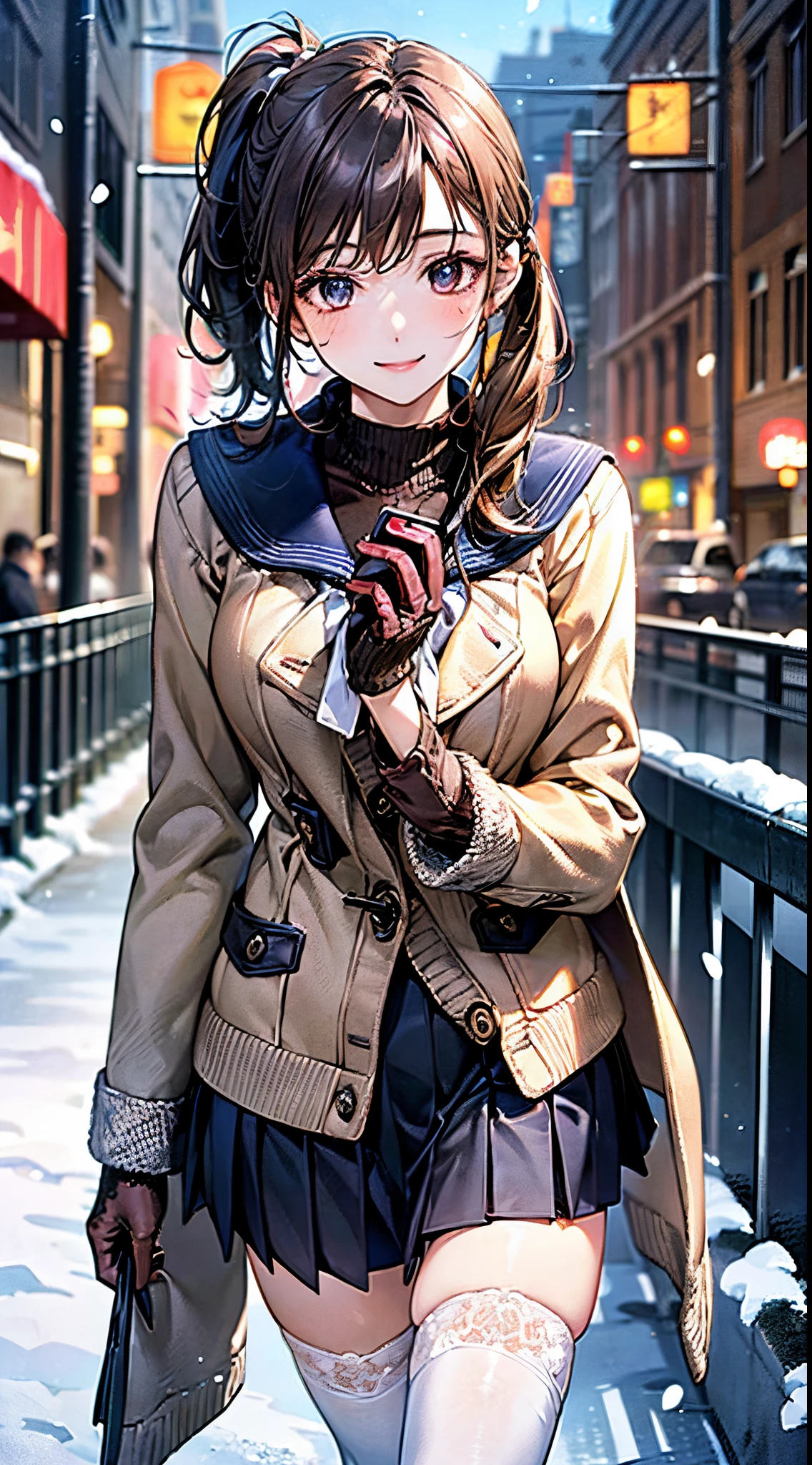 ((((, , perfect anatomy, super detailed skin)))), 1 girl, japanese, , shiny skin, large breasts:0.5, watching the view, (smile:1.5),
beautiful hair, beautiful face, beautiful detailed eyes, (middle hair:1.7, side ponytail:1.4),
beautiful clavicle, beautiful body, beautiful chest, beautiful thigh, beautiful legs, babyface, , le under eye,
((navy school uniform, long sleeves, navy pleated skirt, sailor collar, light brown cardigan, black thigh-highs, ((brown medium coat, muffler, knitted gloves)), extremely sexy, seductive thighs)), white panties,
(beautiful scenery), winter, evening, hokkaido, sapporo, outdoors, snow, snowfall:1.5, freezing weather, frost, walking, holding a phone,
(8k, top-quality, masterpiece:1.2, extremely detailed, , ), (photorealistic), beautiful illustration, cinematic lighting,