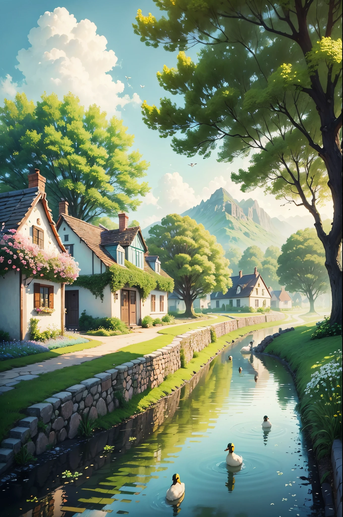 masterpice:1000, beautifull fantasy landscape, village, summer, cute houses, ducks walking through the road on the side, green trees with white flowers, dast in the air, batterflies on the flowers, wallpaper, beautiful composition, landscape